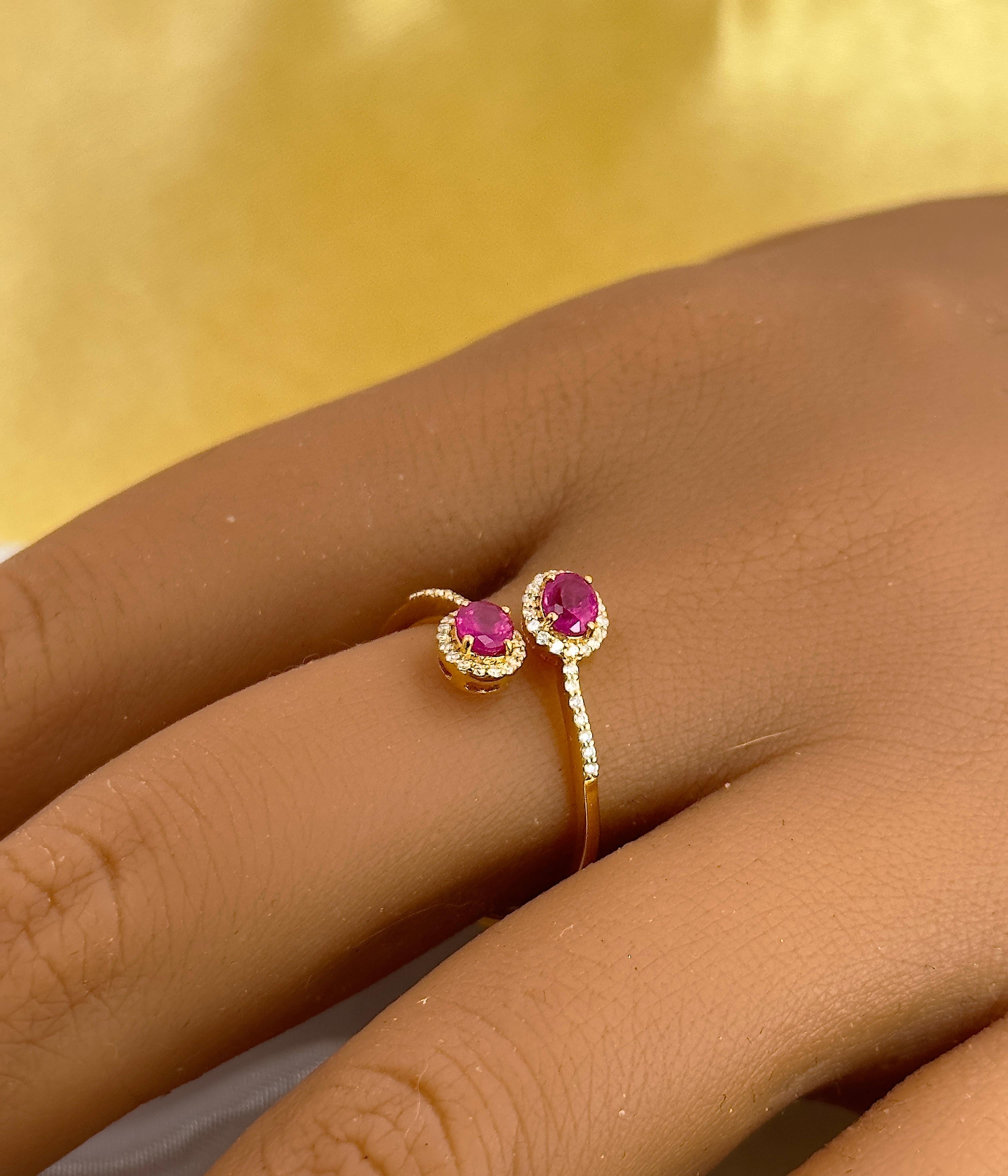 Minimalist in a ring! The two stone ruby ring is a beautiful piece to wear and look at. The twist design brings a unique look to this ring because of the way it brings the ruby and diamonds together on your finger. The rubies are 100% genuine and