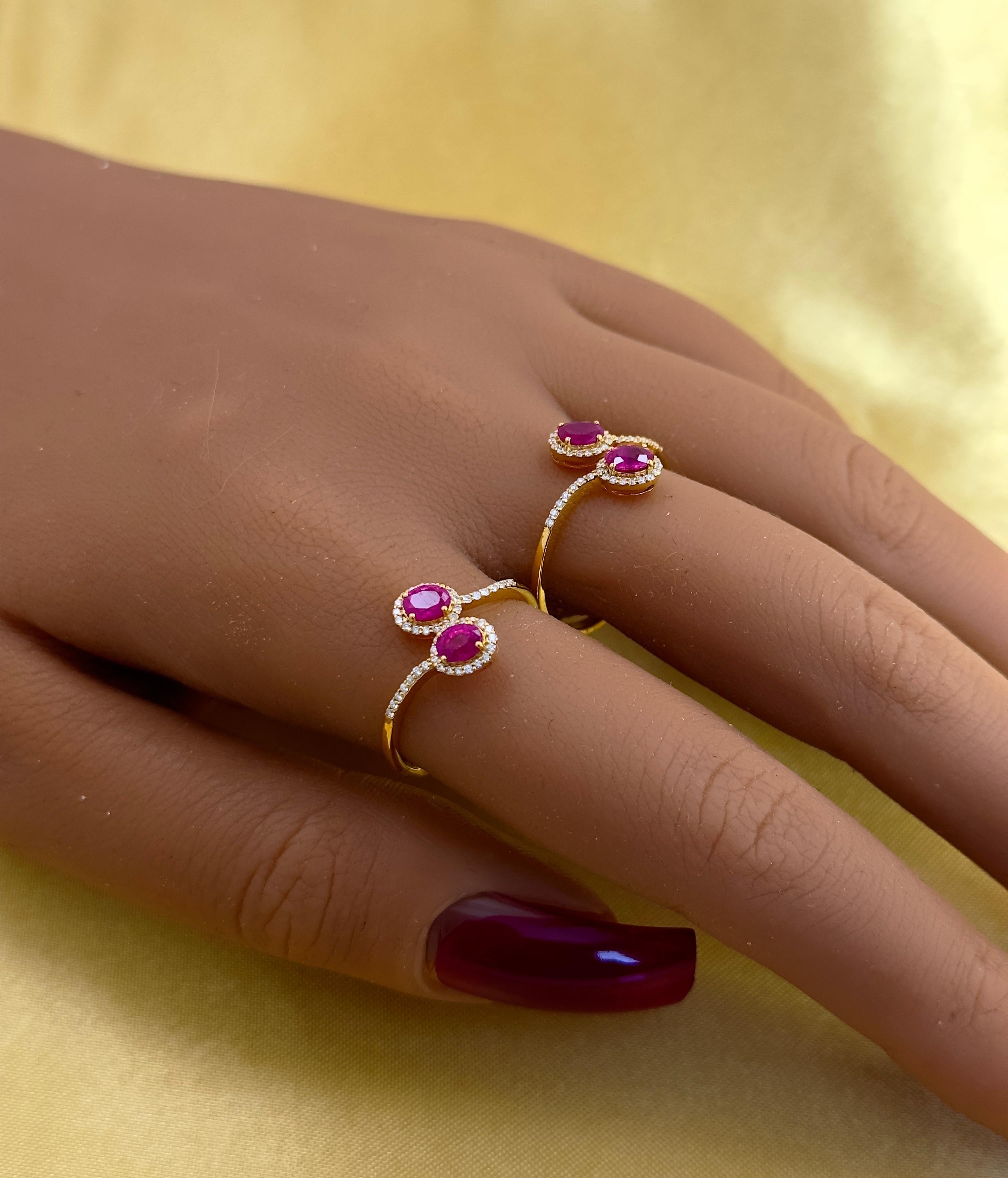 Oval Cut Ruby and Diamond 2 Stone Cocktail Ring with Natural Gemstones and Solid Gold 18k For Sale