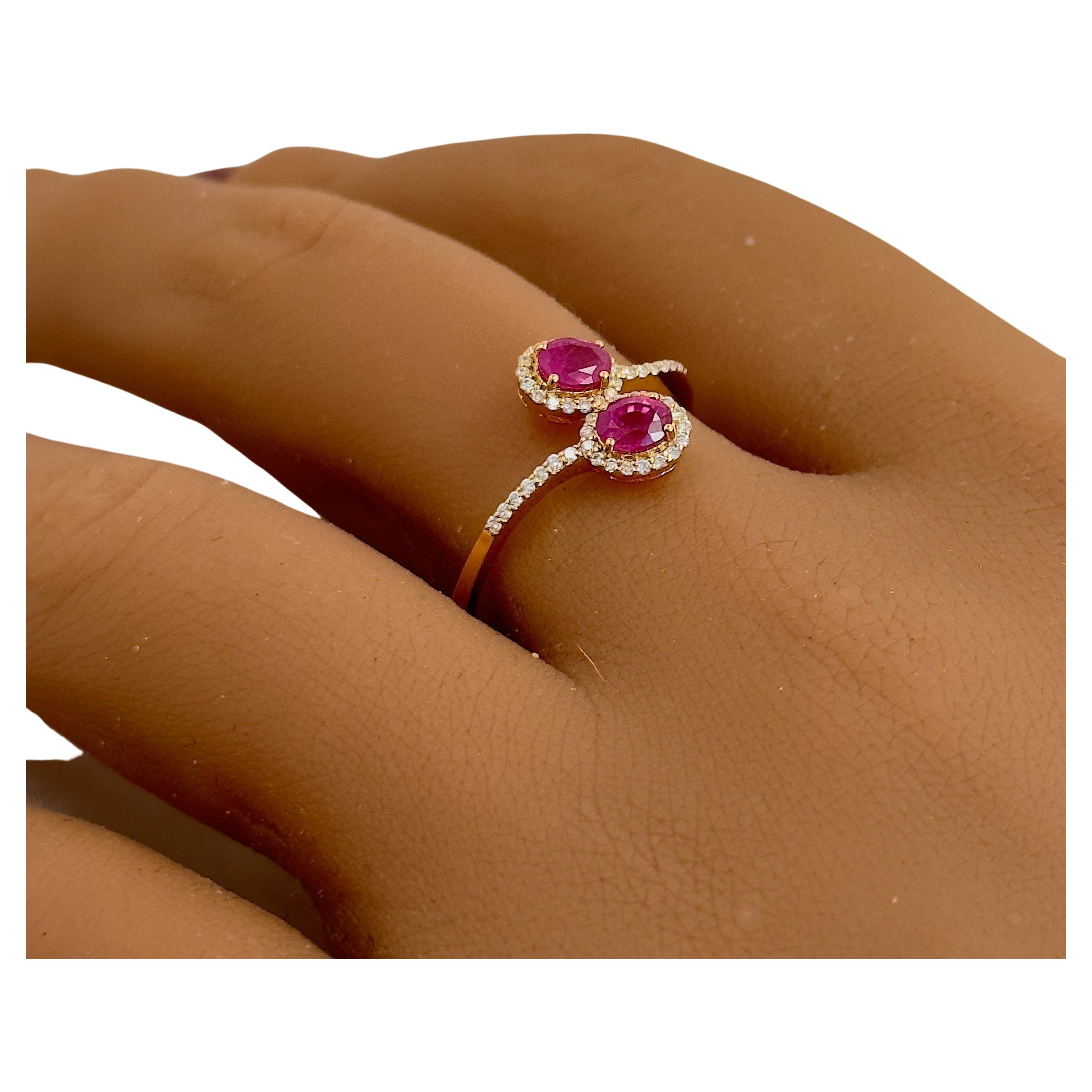 Ruby and Diamond 2 Stone Cocktail Ring with Natural Gemstones and Solid Gold 18k