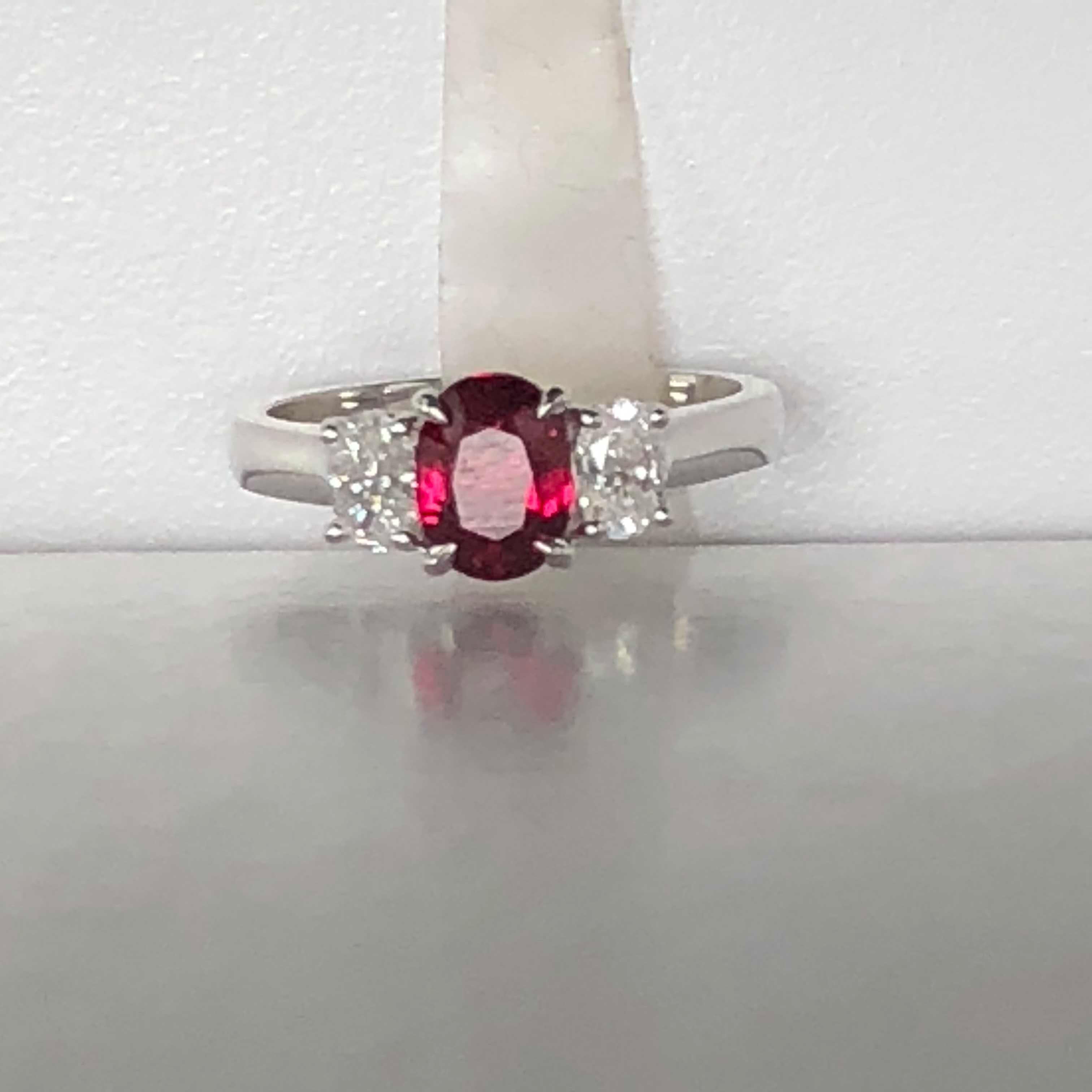 Contemporary Ruby and Diamond 3-Stone 14 Karat White Gold Ring For Sale
