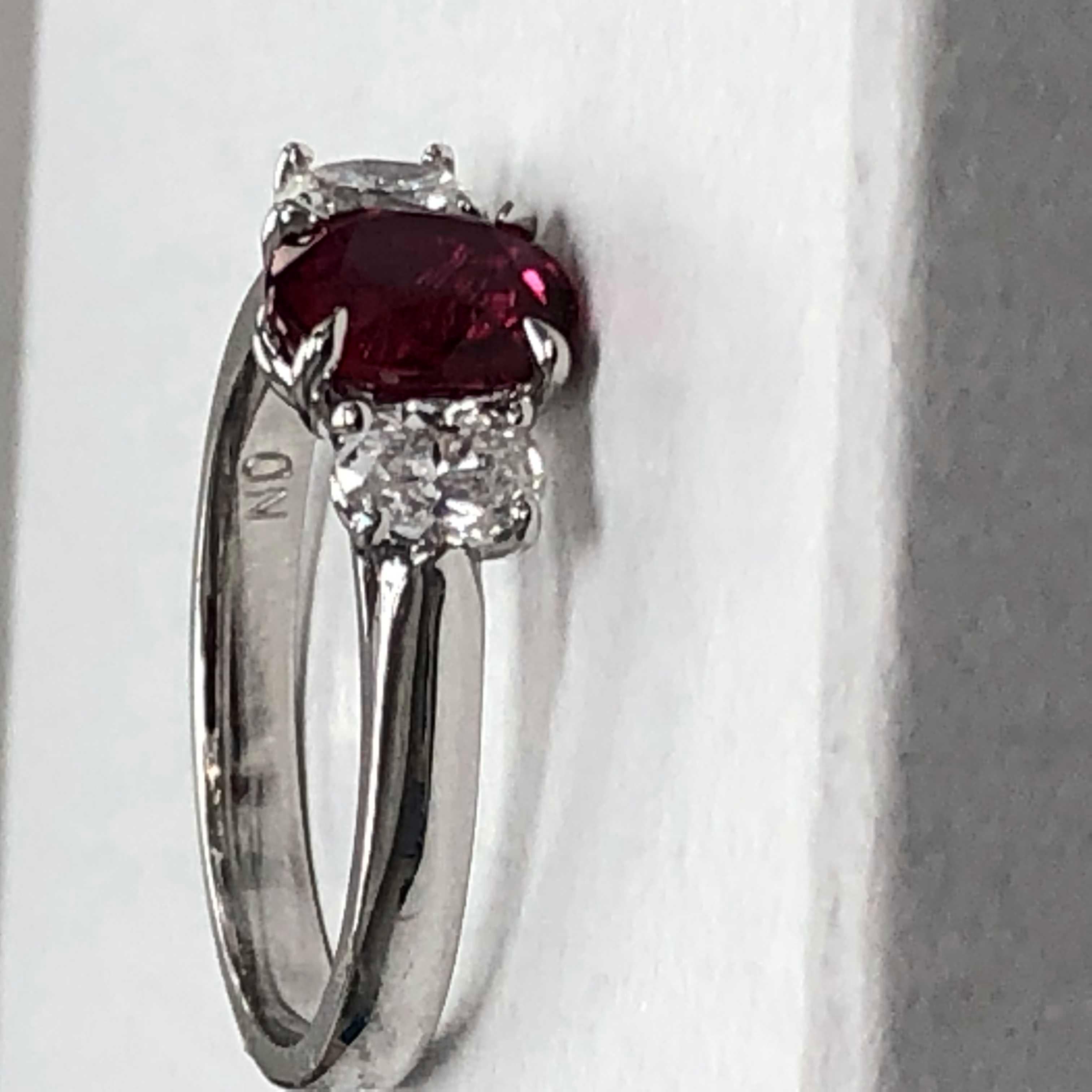 Oval Cut Ruby and Diamond 3-Stone 14 Karat White Gold Ring For Sale