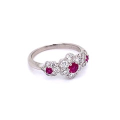 Ruby and Diamond 3 Stone Platinum Band Ring Estate Fine Jewelry