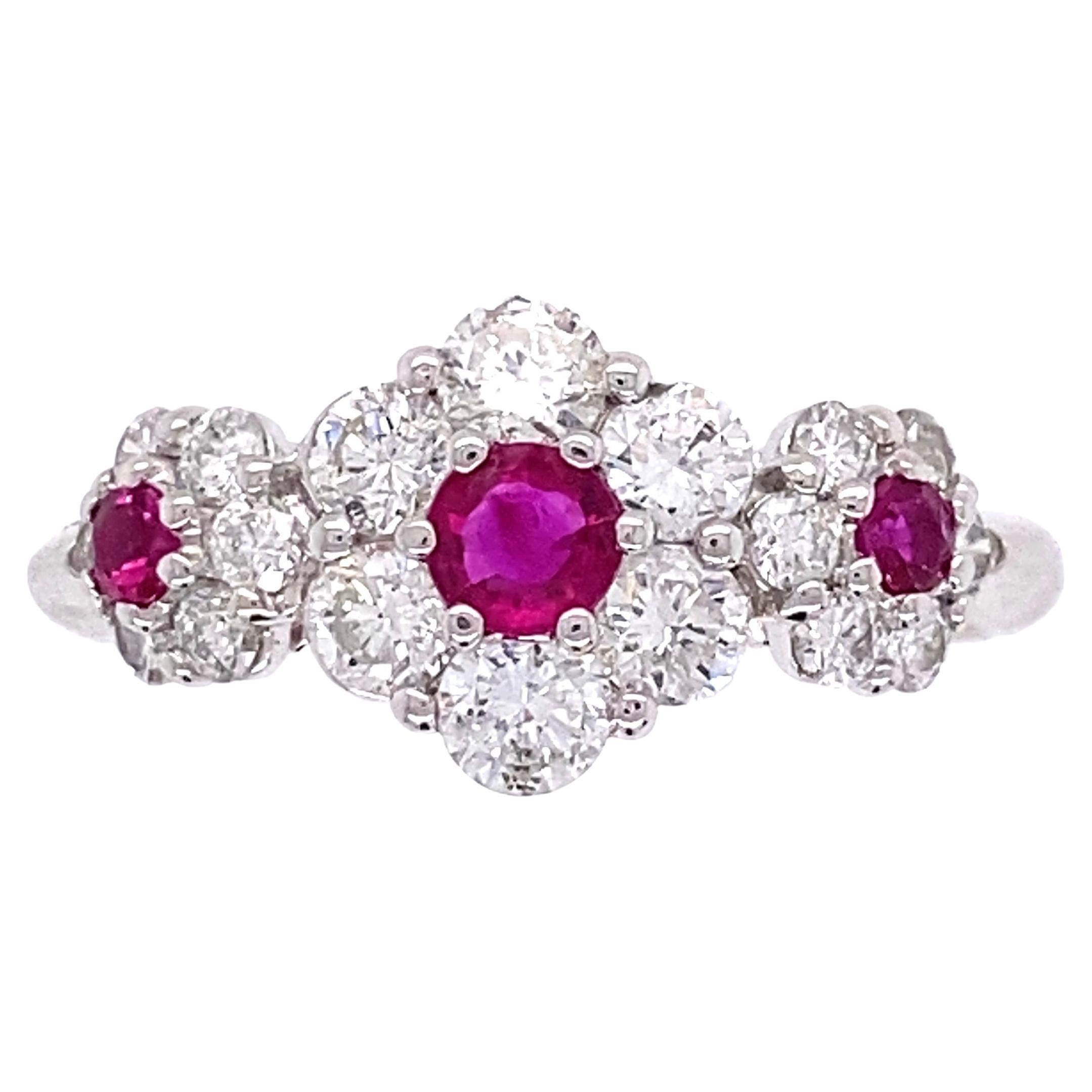 Ruby and Diamond 3 Stone Platinum Band Ring Estate Fine Jewelry For Sale