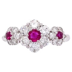 Vintage Ruby and Diamond 3 Stone Platinum Band Ring Estate Fine Jewelry