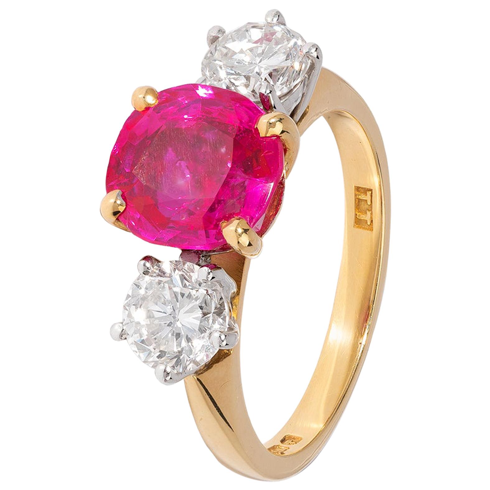 Ruby and Diamond 3 Stone Ring in Yellow Gold For Sale