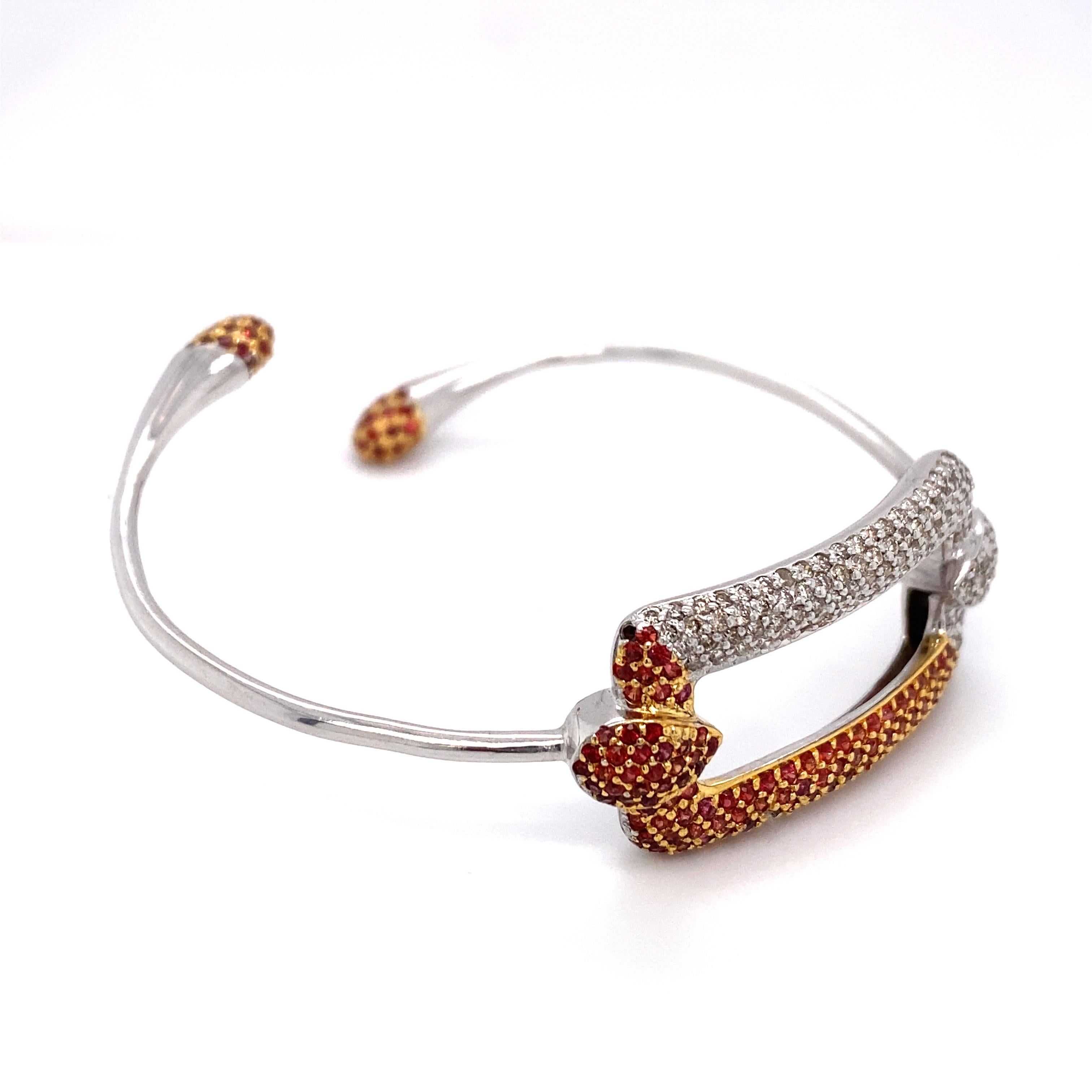 Modern Ruby and Diamond Adjustable Cuff Bracelet in Two Tone 18 Karat Gold