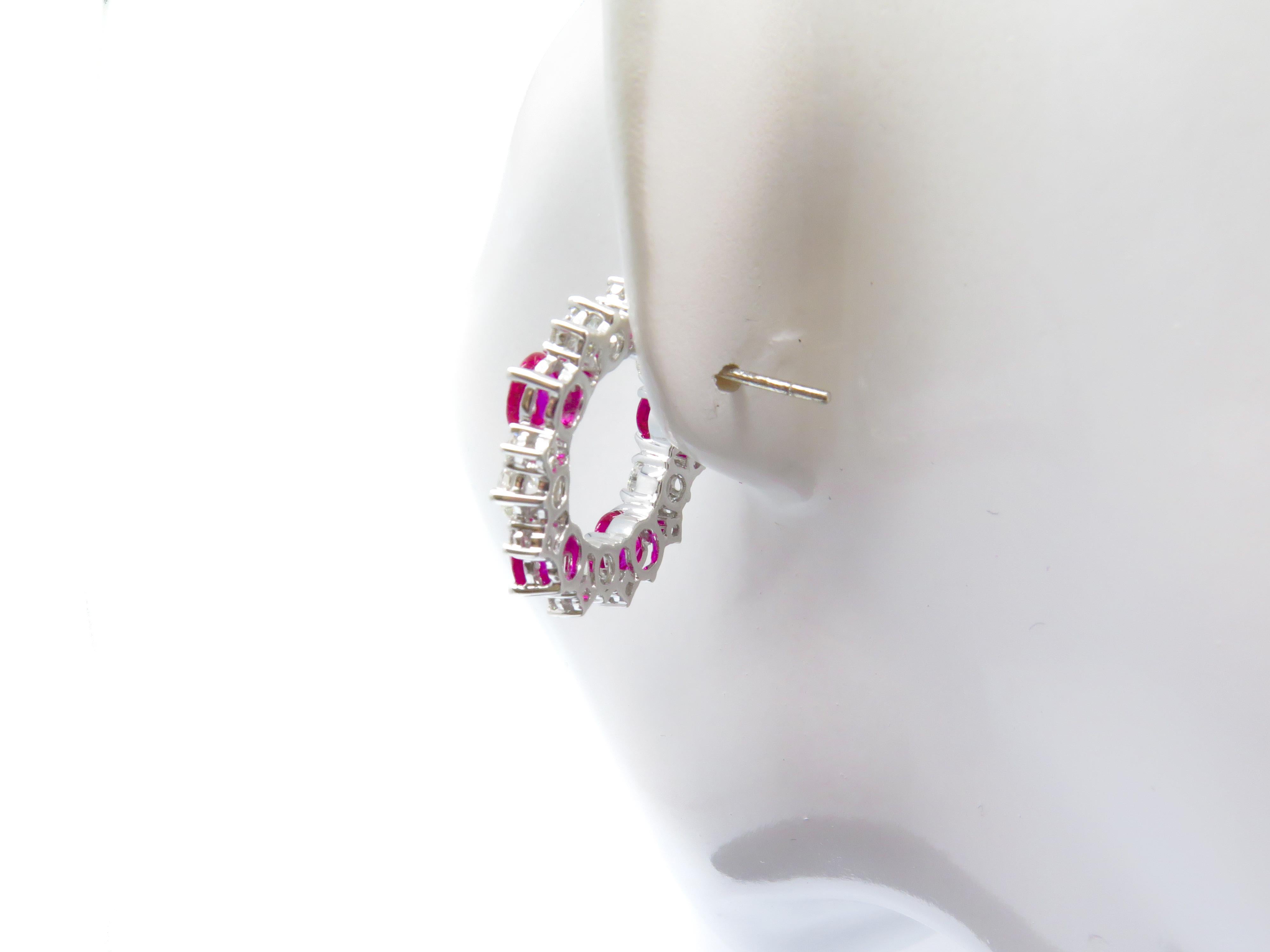 Round Cut 18 Karat White Gold Ruby and Diamond Alternate Stud Loop Earrings For Sale