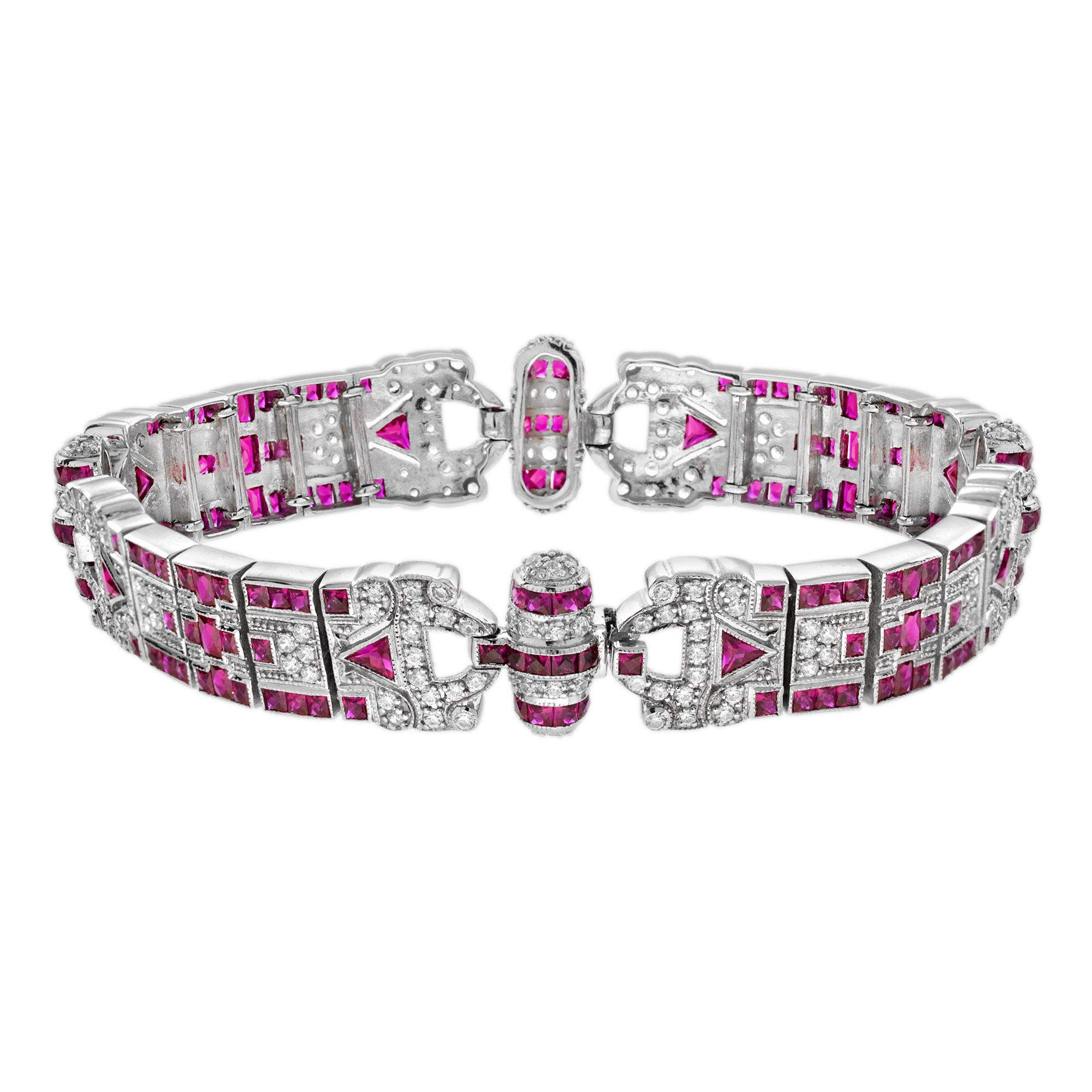 Ruby and Diamond Antique Inspired Bracelet in 18 White Gold (Art déco) im Angebot