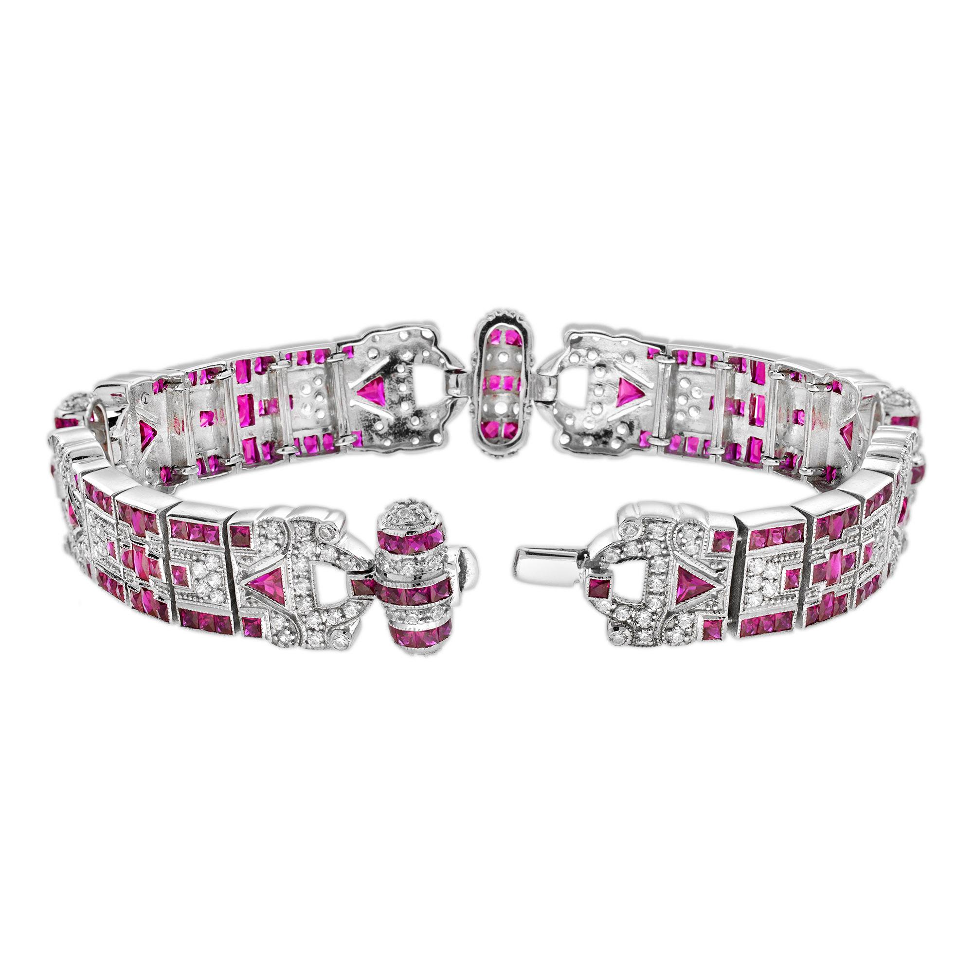 Ruby and Diamond Antique Inspired Bracelet in 18 White Gold (Carréeschliff) im Angebot