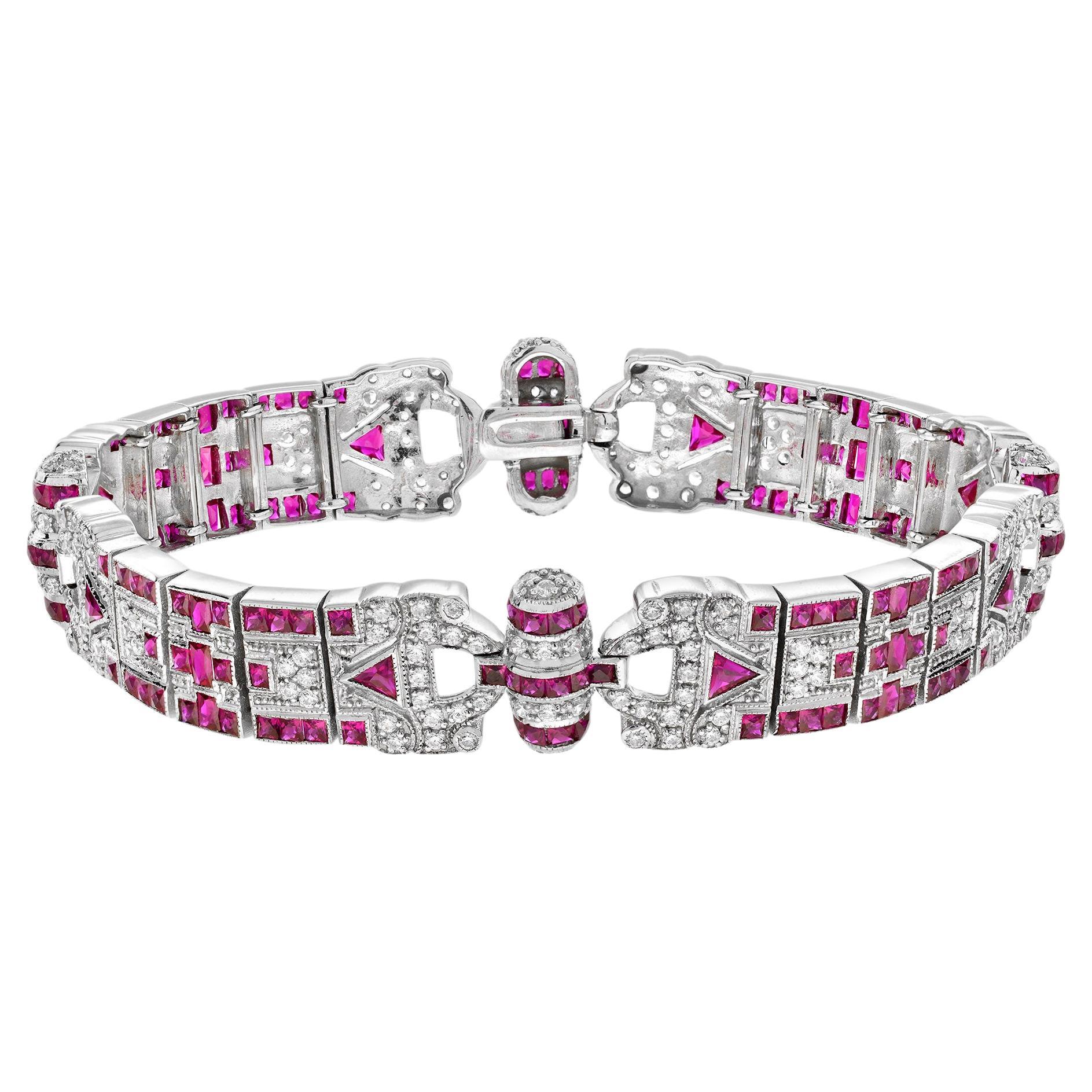 Ruby and Diamond Antique Inspired Bracelet in 18 White Gold