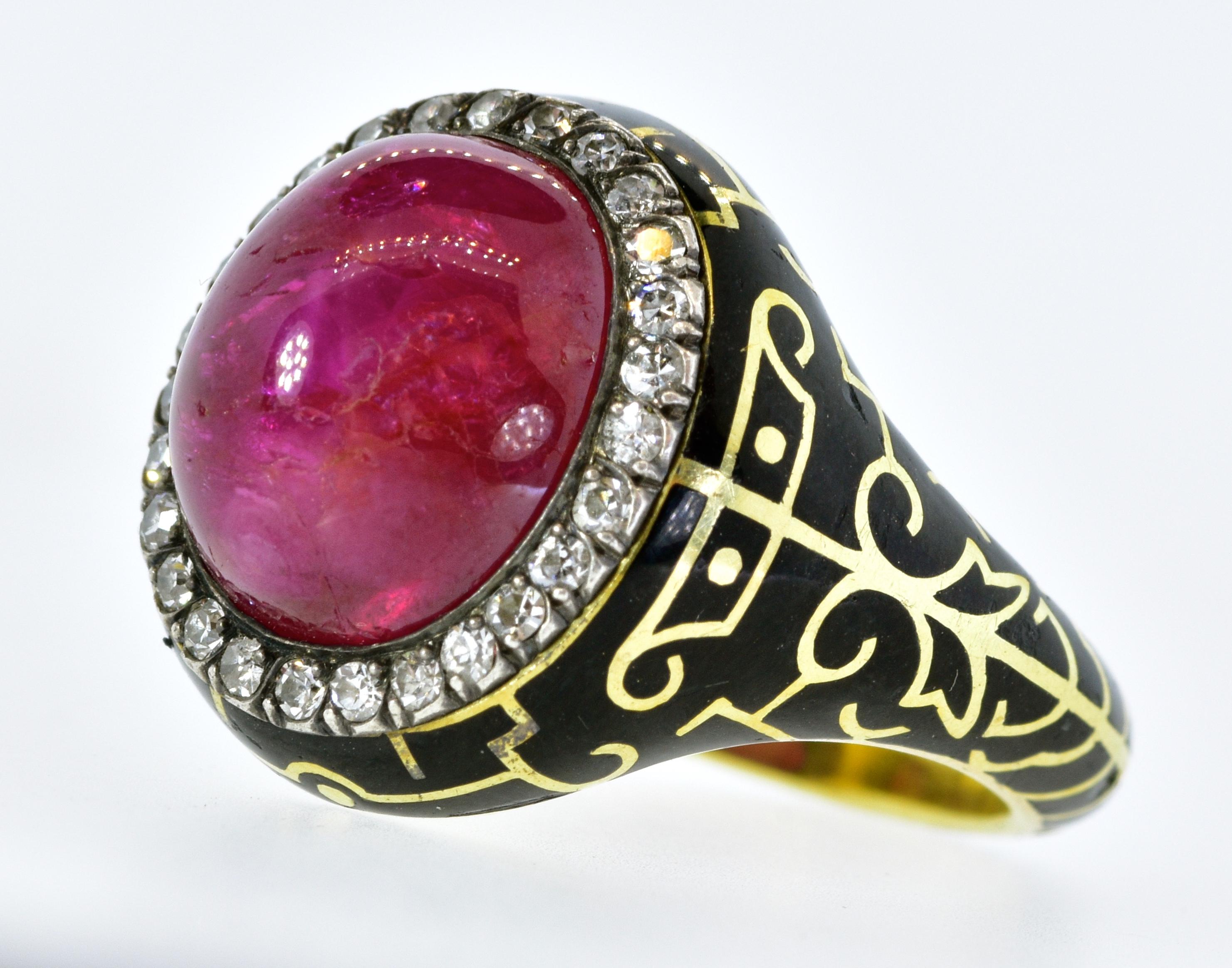 Cabochon Ruby and Diamond Antique Ring, AGL Certified Natural and Unheated, circa 1895