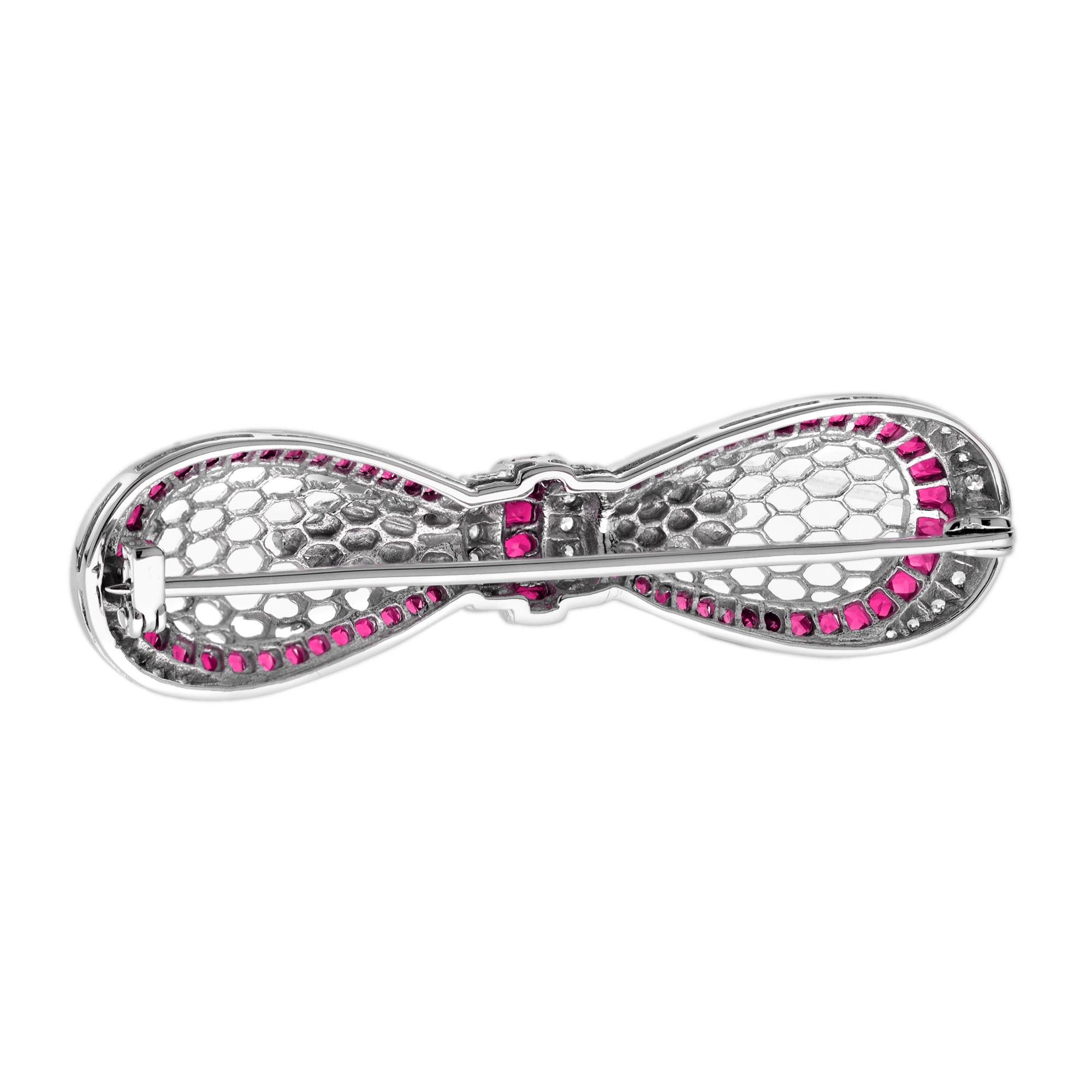 Art Deco Ruby and Diamond Antique Style Bow Brooch in 18K White Gold For Sale