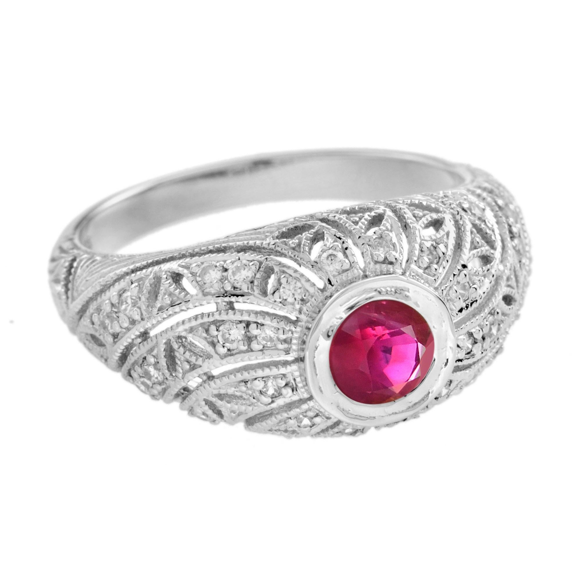 For Sale:  Ruby and Diamond Antique Style Engagement Ring in 14k White Gold 2