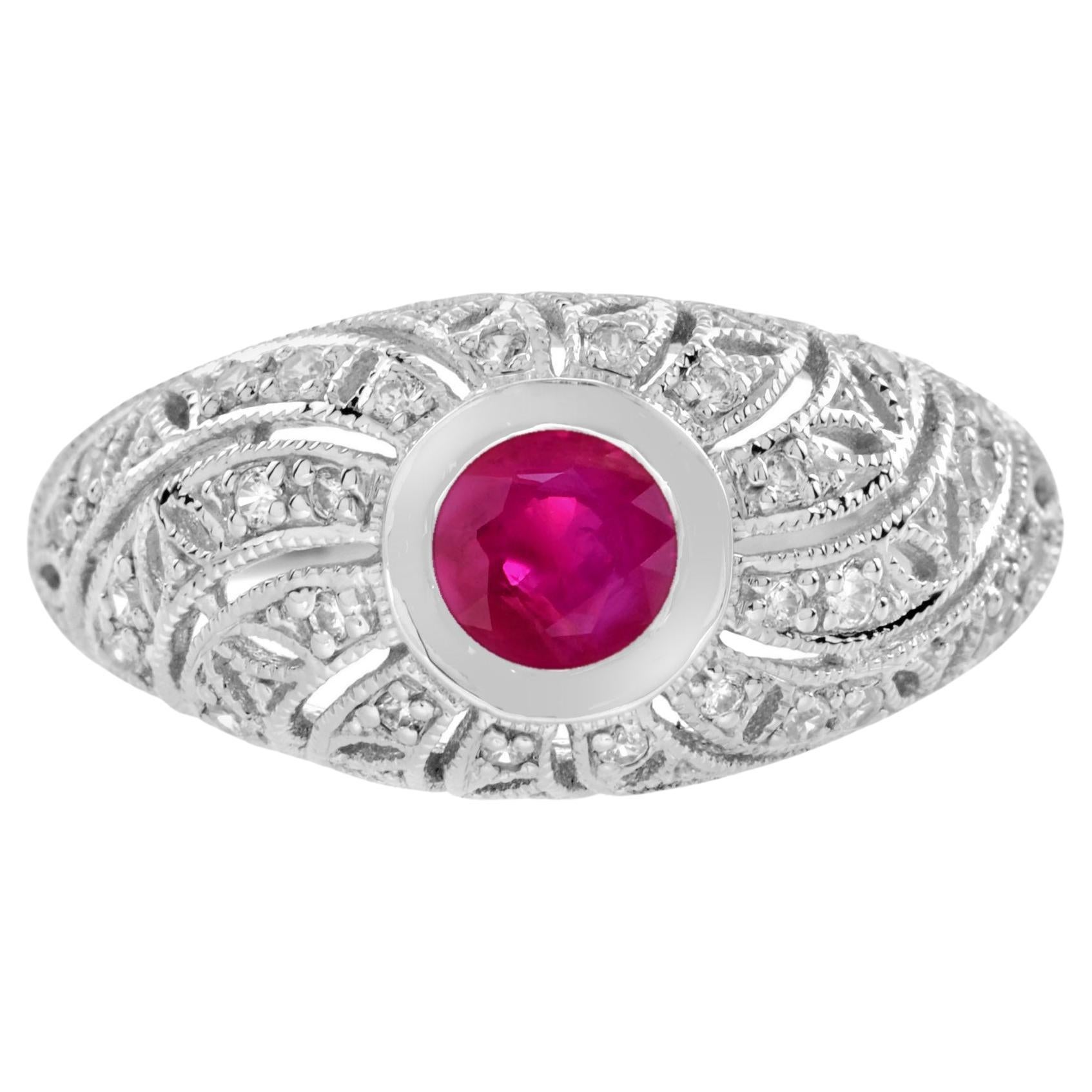 For Sale:  Ruby and Diamond Antique Style Engagement Ring in 14k White Gold