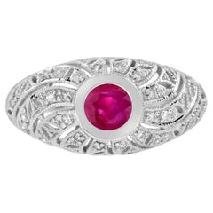 Ruby and Diamond Antique Style Engagement Ring in 14k White Gold