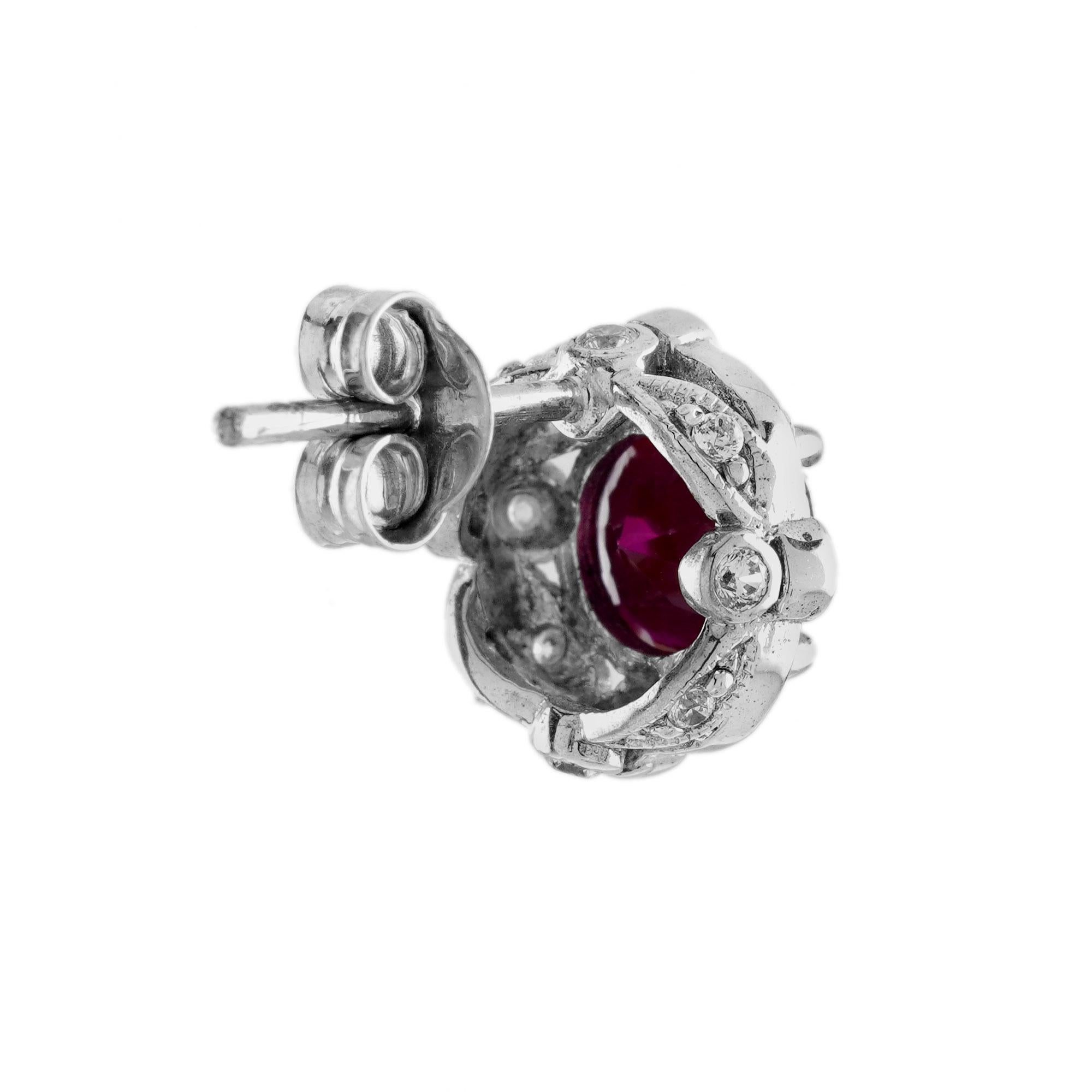 Round Cut Ruby and Diamond Antique Style Stud Earrings in 14K White Gold For Sale