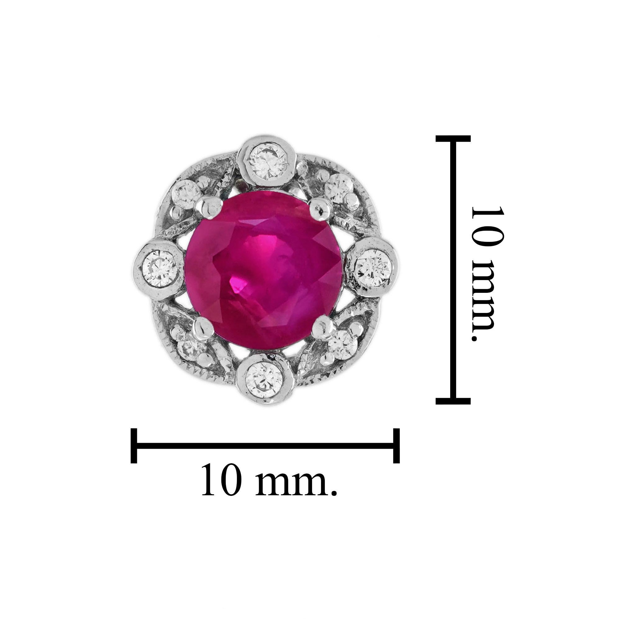 Ruby and Diamond Antique Style Stud Earrings in 14K White Gold In New Condition For Sale In Bangkok, TH