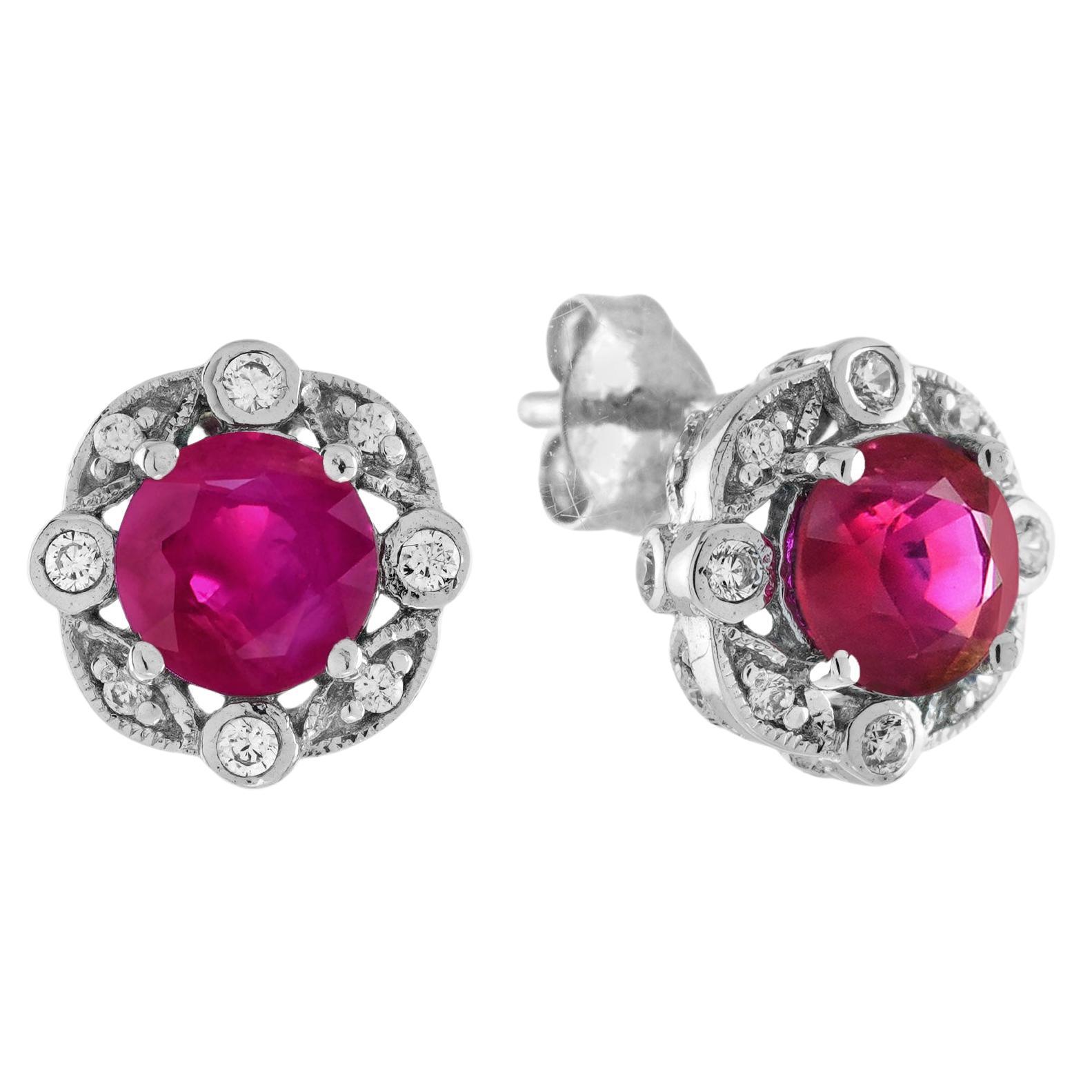 Ruby and Diamond Antique Style Stud Earrings in 14K White Gold For Sale