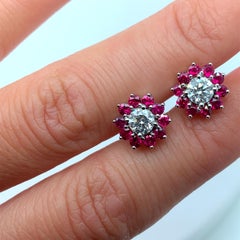 Ruby and diamond art deco flower stud earrings 18k white gold