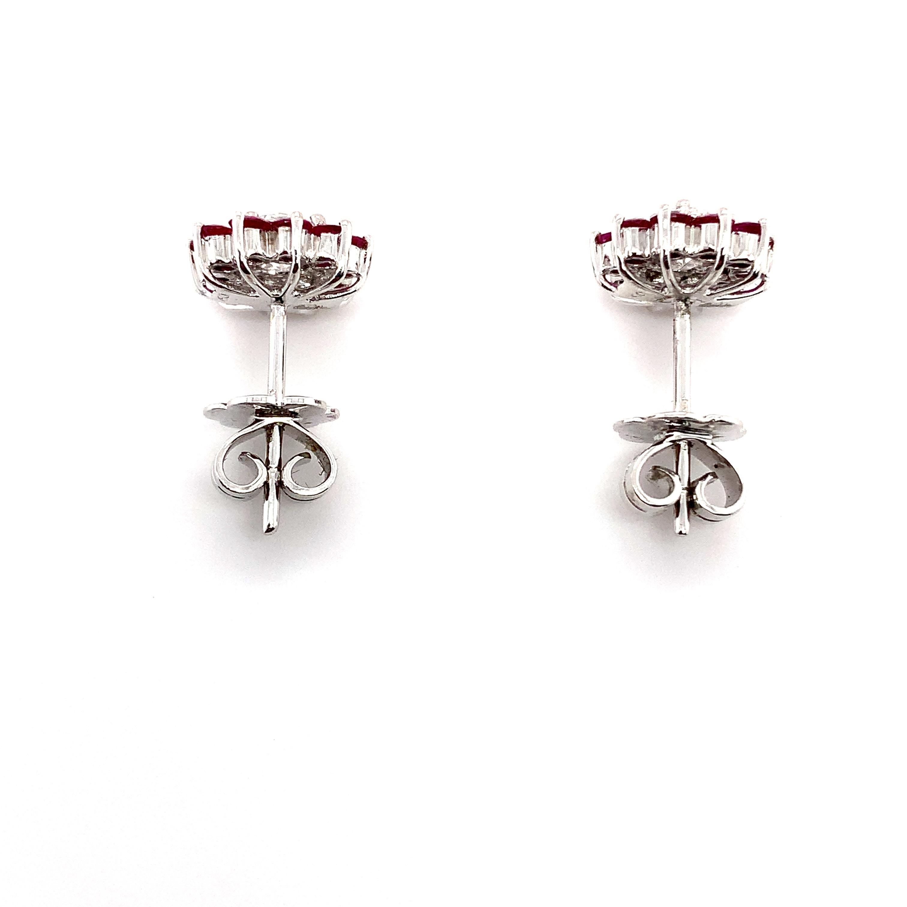 Pendientes art deco flor de rubí y diamante oro blanco 18k en venta 2