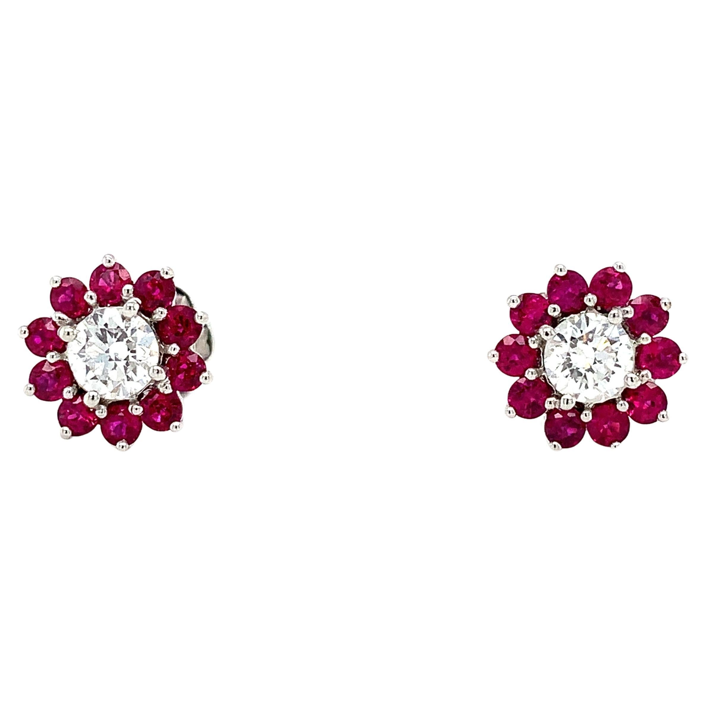 Ruby and diamond art deco flower stud earrings 18k white gold