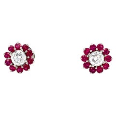 Pendientes art deco flor de rubí y diamante oro blanco 18k