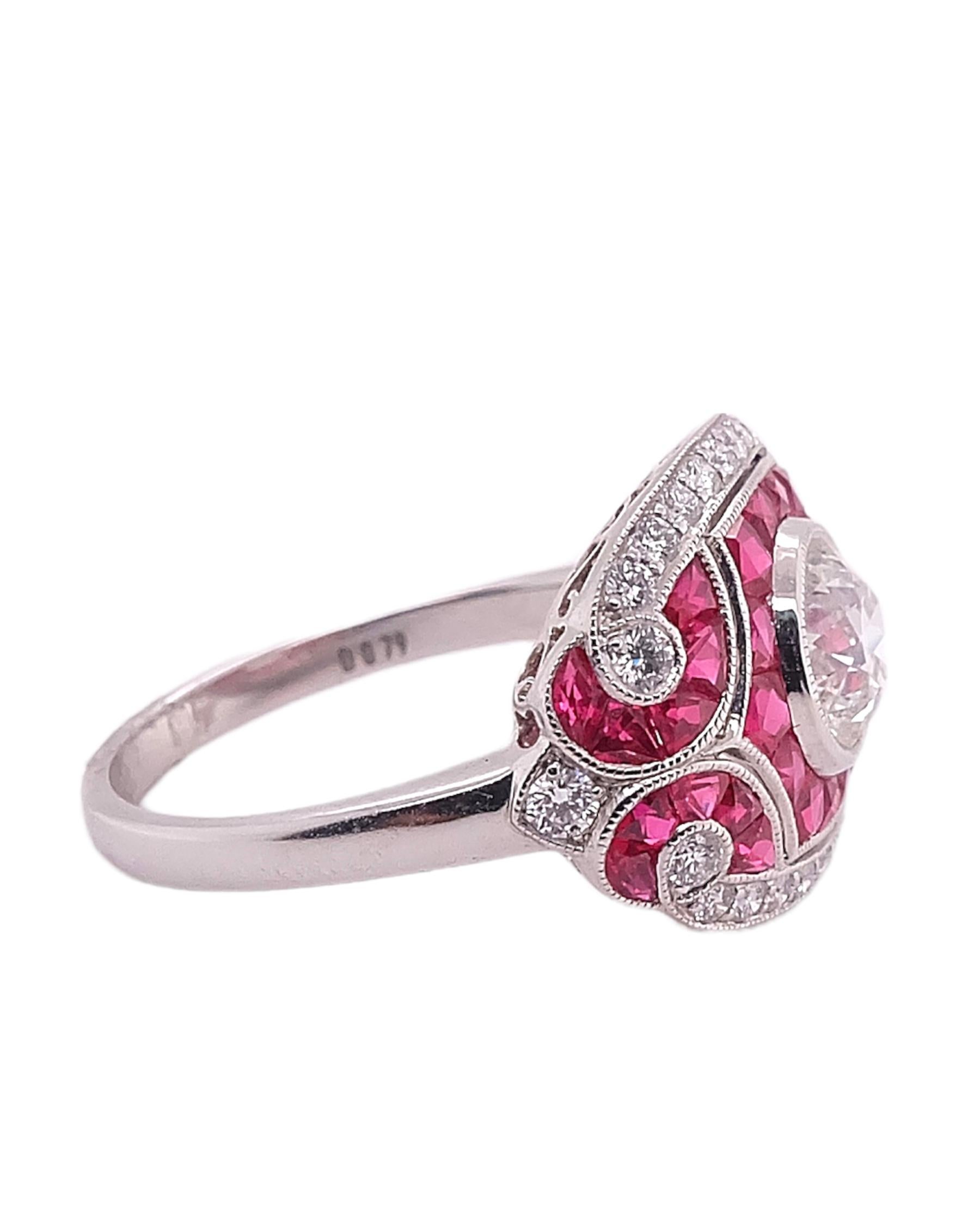 This finely detailed Art Deco style platinum ring features a 0.79 carat round diamond accentuated with 1.10 carat of rubies and 0.27 carat small diamonds. Available for resizing.

Sophia D by Joseph Dardashti LTD has been known worldwide for 35