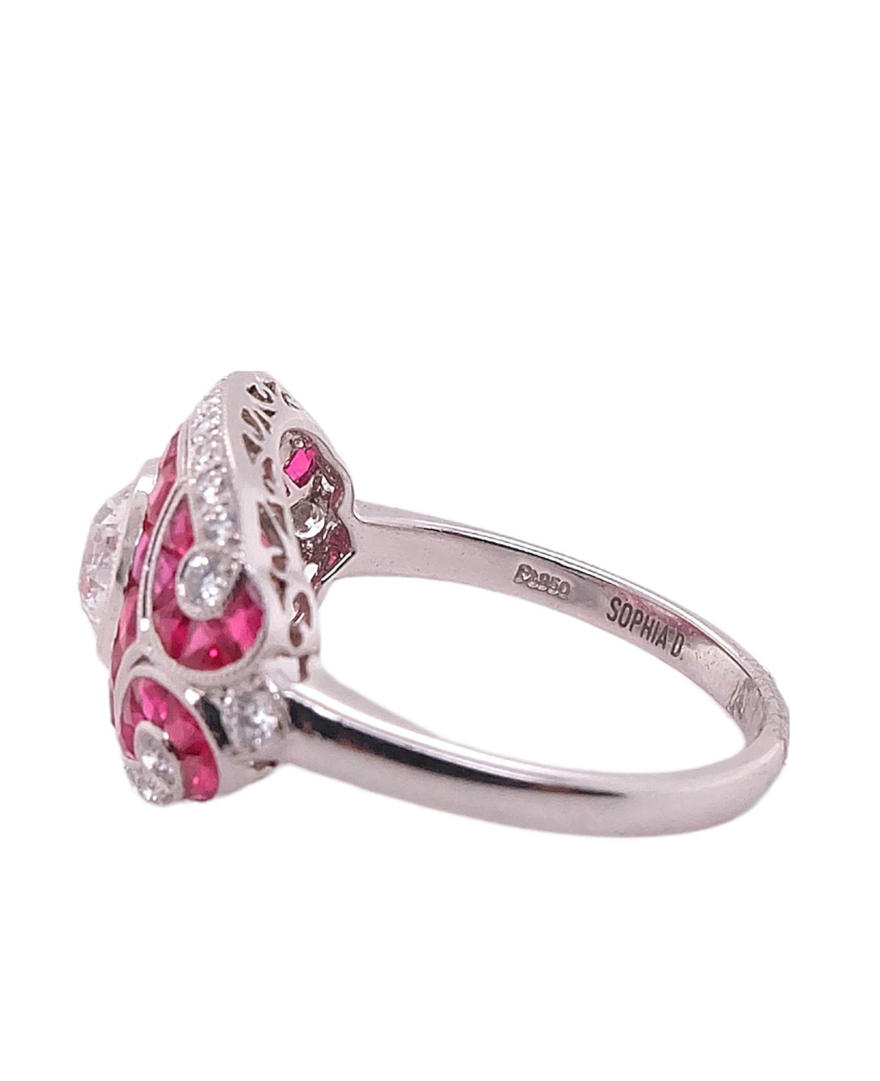 Taille ronde Bague Art déco en platine avec rubis et diamants Sophia D. en vente