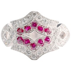 Ruby and Diamond Art Deco Ring Handmade in 18 Karat White Gold
