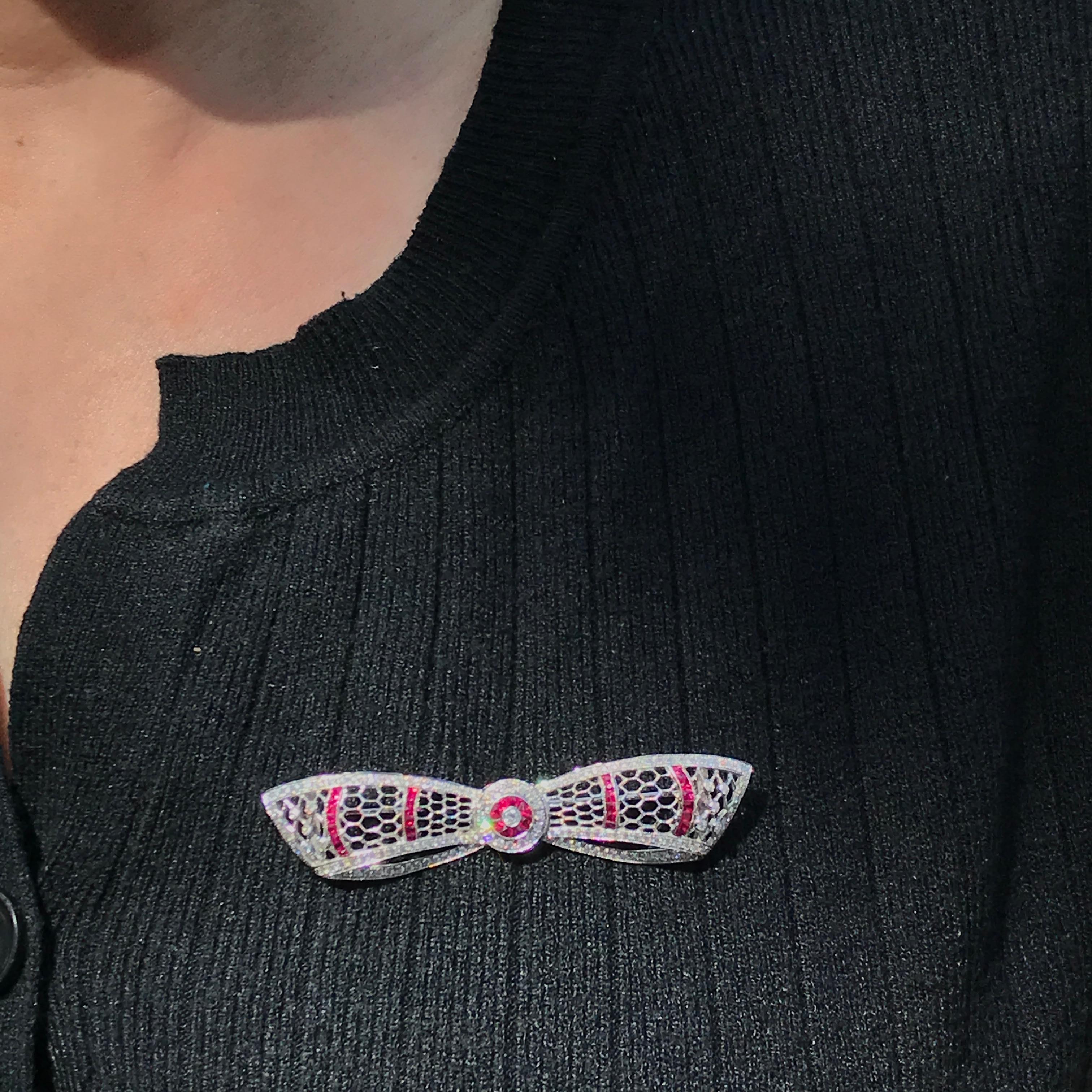 Round Cut Ruby and Diamond Art Deco Style Bow Brooch in 14K White Gold For Sale