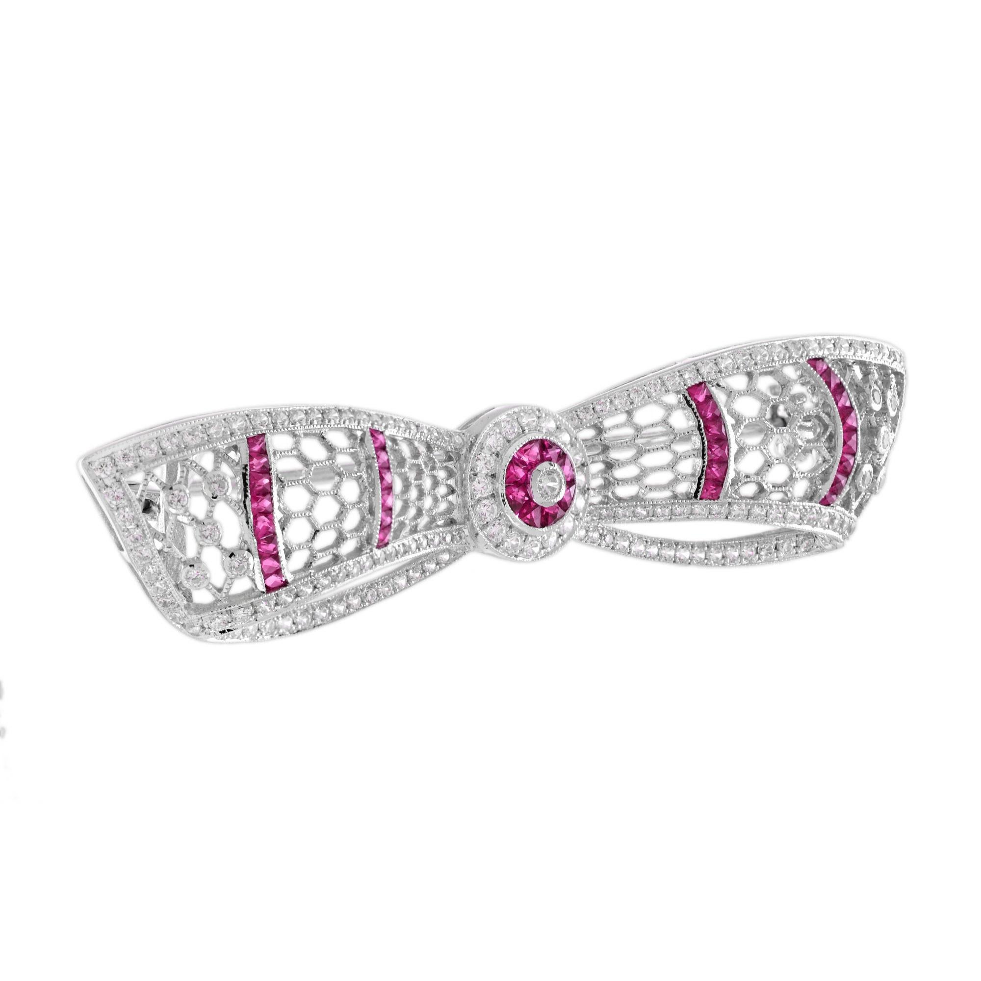 Women's Ruby and Diamond Art Deco Style Bow Brooch in 14K White Gold For Sale