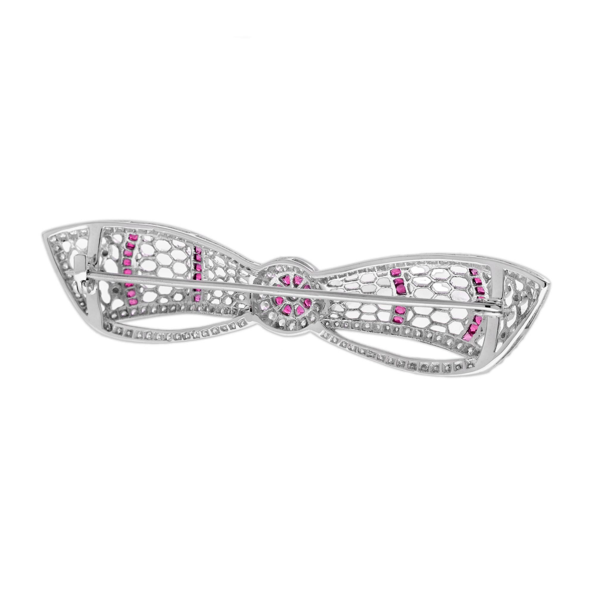 Ruby and Diamond Art Deco Style Bow Brooch in 14K White Gold For Sale 1