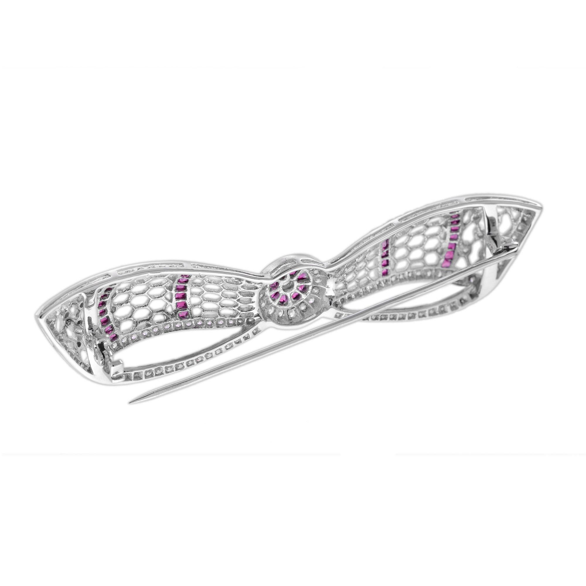 Ruby and Diamond Art Deco Style Bow Brooch in 14K White Gold For Sale 2