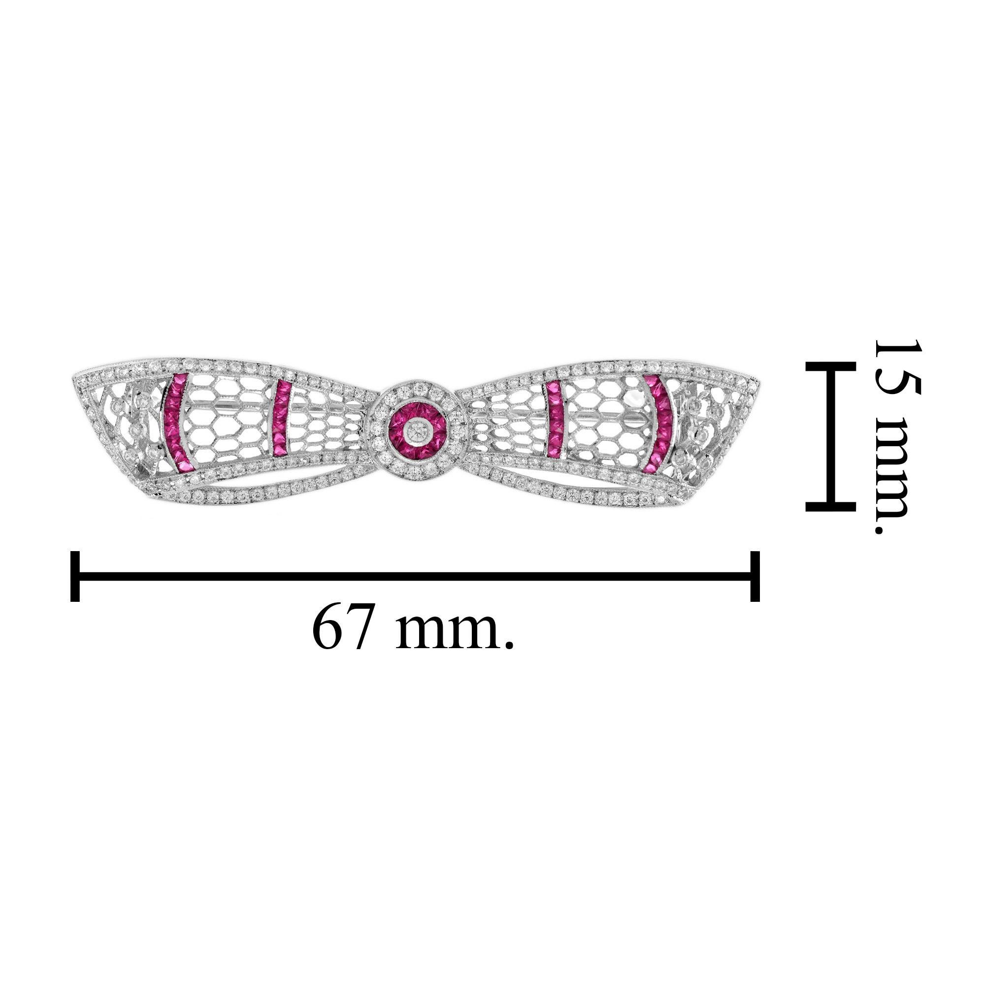 Ruby and Diamond Art Deco Style Bow Brooch in 14K White Gold For Sale 3