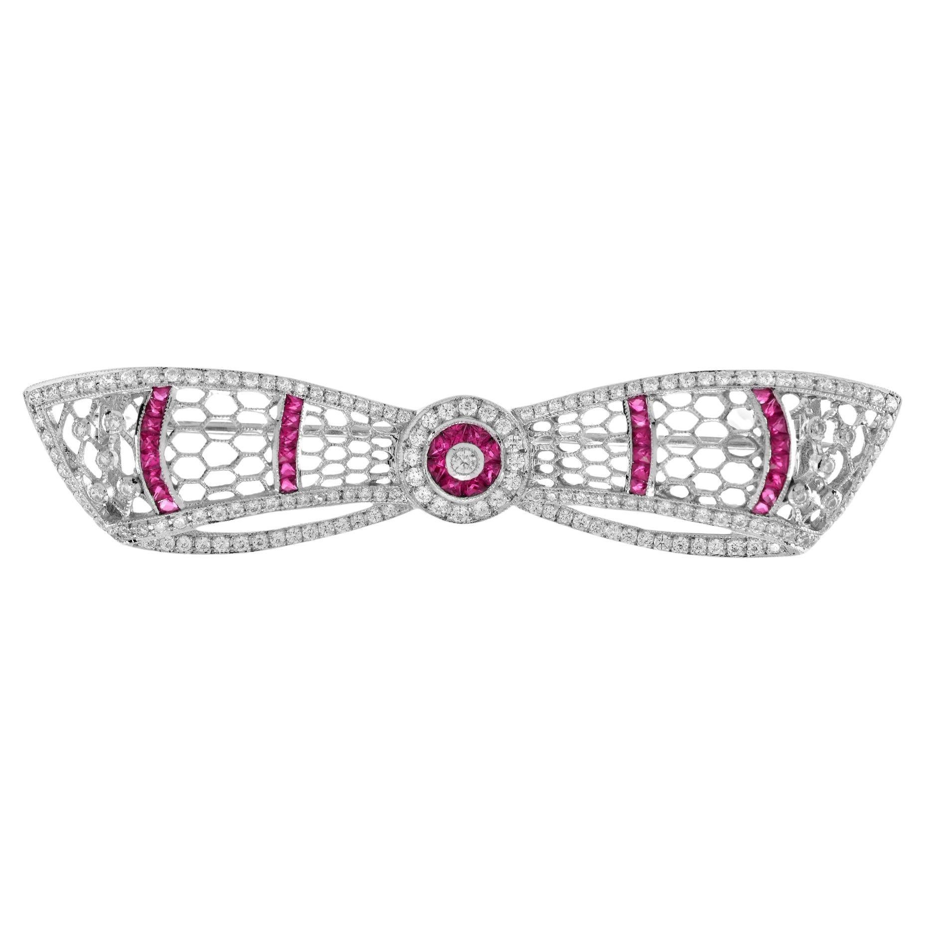 Ruby and Diamond Art Deco Style Bow Brooch in 14K White Gold
