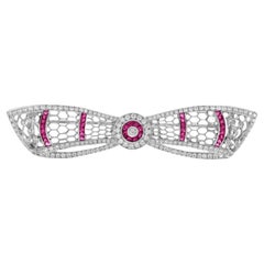 Ruby and Diamond Art Deco Style Bow Brooch in 14K White Gold