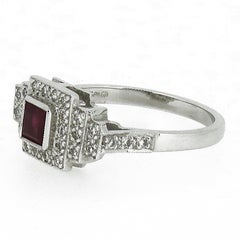 Ruby and Diamond Art Deco Style Cluster Ring 18 Karat White Gold