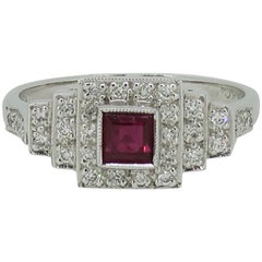 Ruby and Diamond Art Deco Style Cluster Ring 18 Karat White Gold