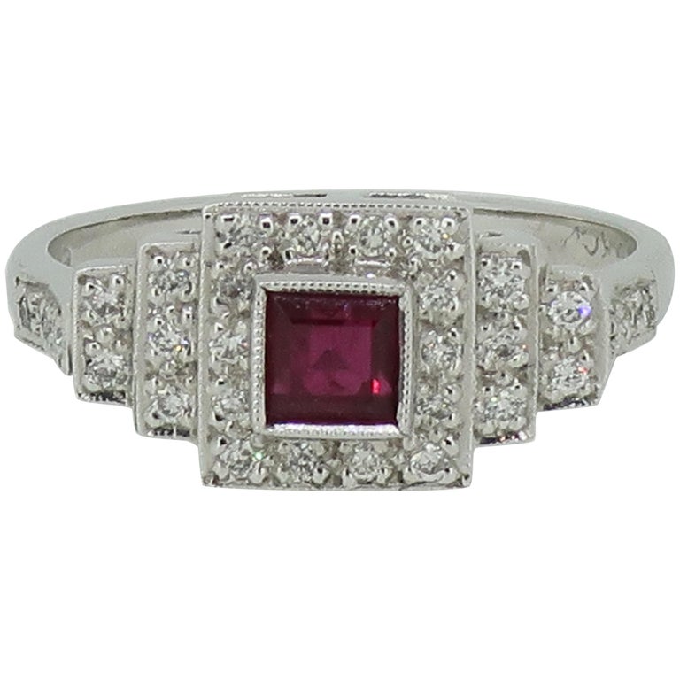 Ruby and Diamond Art Deco Style Cluster Ring 18 Karat White Gold For ...