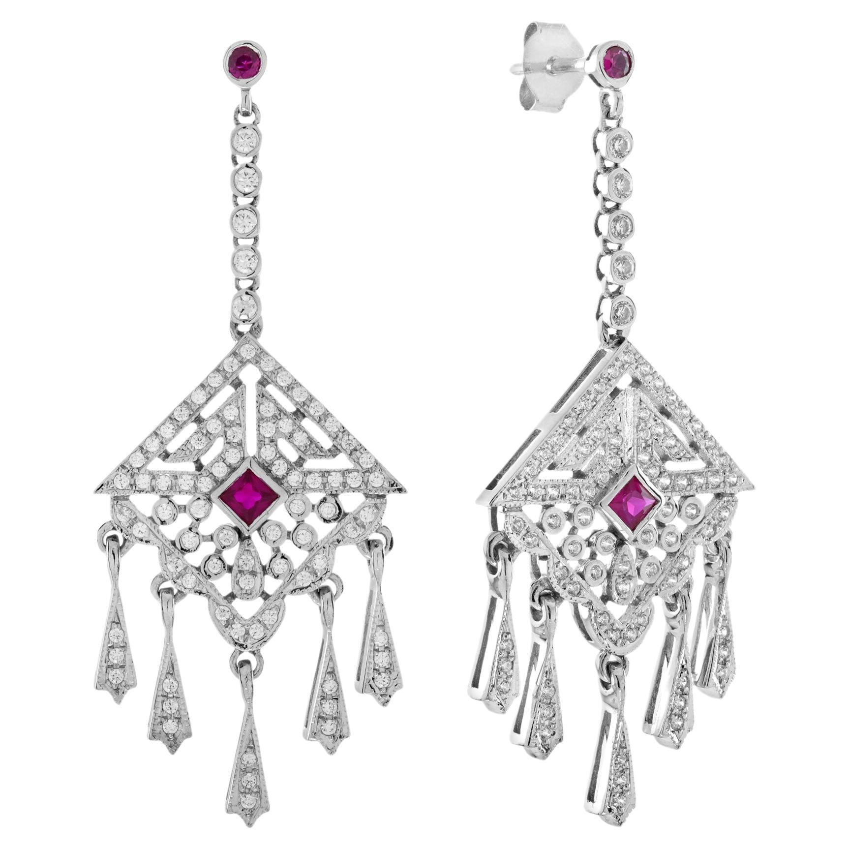 Ohrringe mit Rubin und Diamant im Art Deco Stil aus 9K Weißgold im Angebot