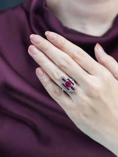 Ruby and Diamond Art Deco Style Dinner Ring in 18K White Gold