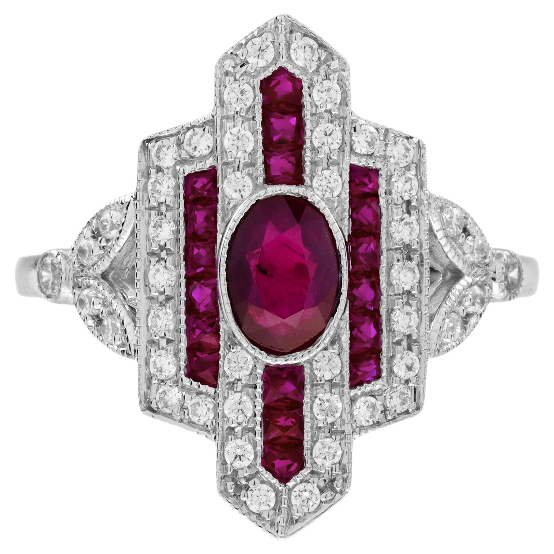Ruby and Diamond Art Deco Style Dinner Ring in 18K White Gold For Sale