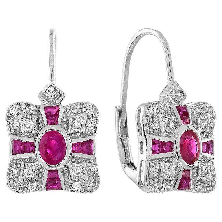 Ruby and Diamond Art Deco Style Drop Earrings in 14K White Gold For Sale
