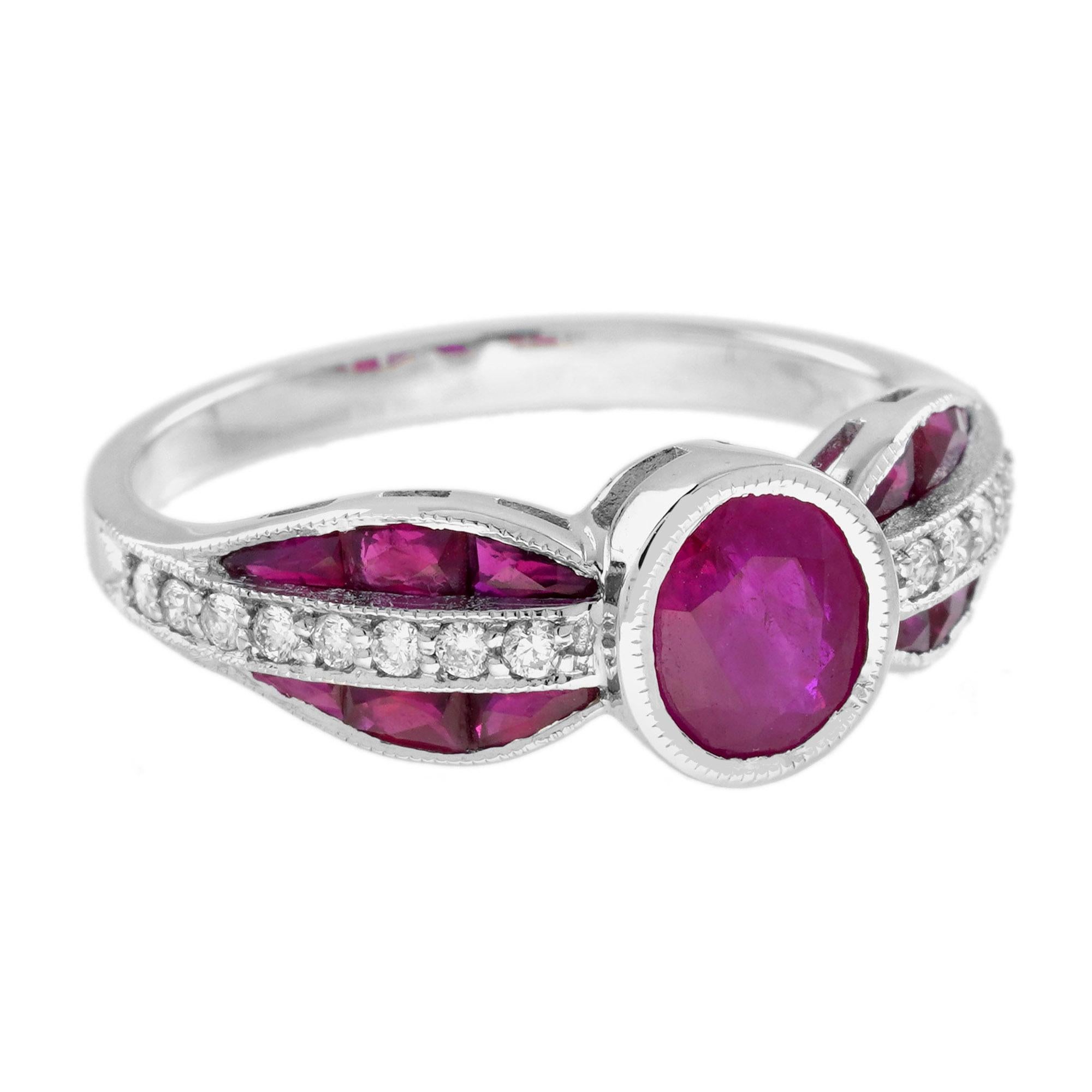 Oval Cut Ruby and Diamond Art Deco Style Engagement Ring in 14K White Gold For Sale