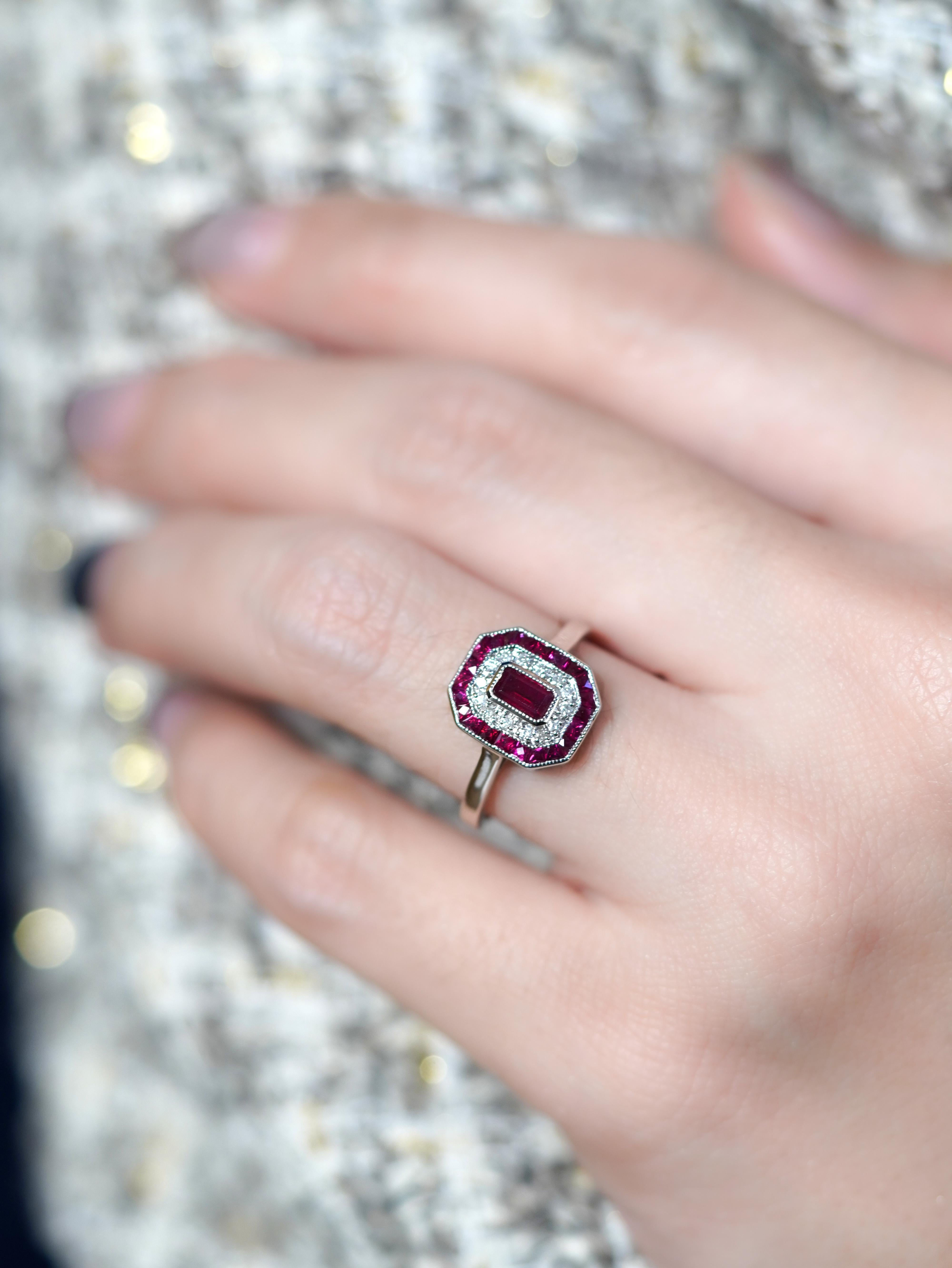 Emerald Cut Ruby and Diamond Art Deco Style Engagement Ring in 14K White Gold For Sale