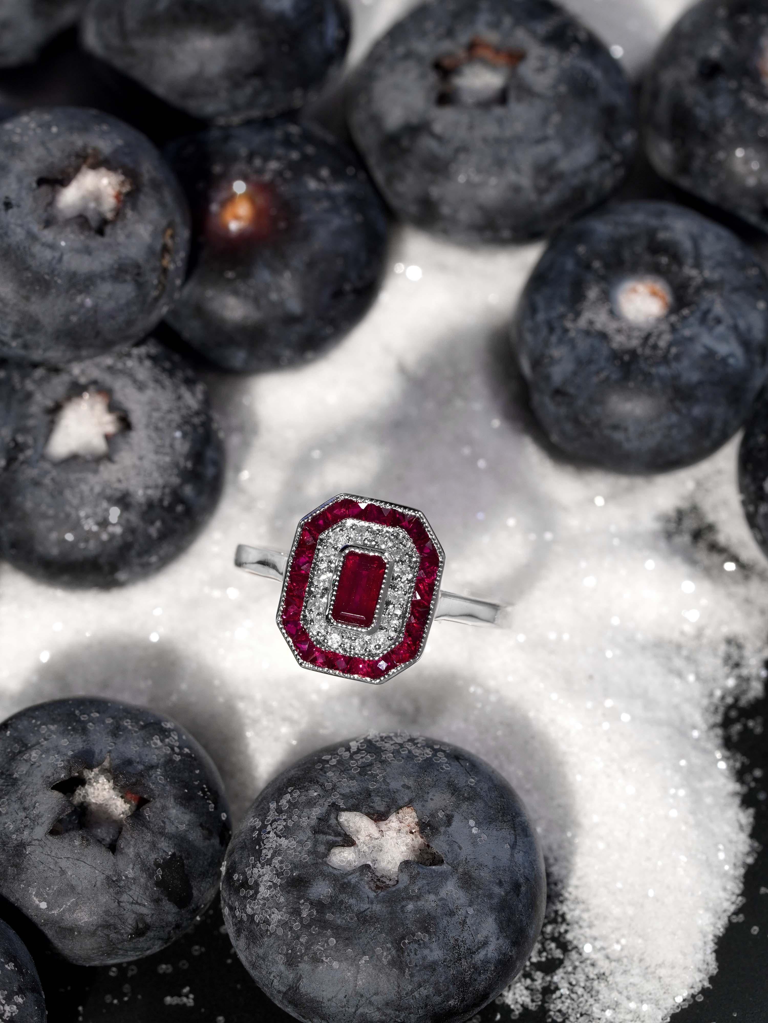 Ruby and Diamond Art Deco Style Engagement Ring in 14K White Gold In New Condition For Sale In Bangkok, TH