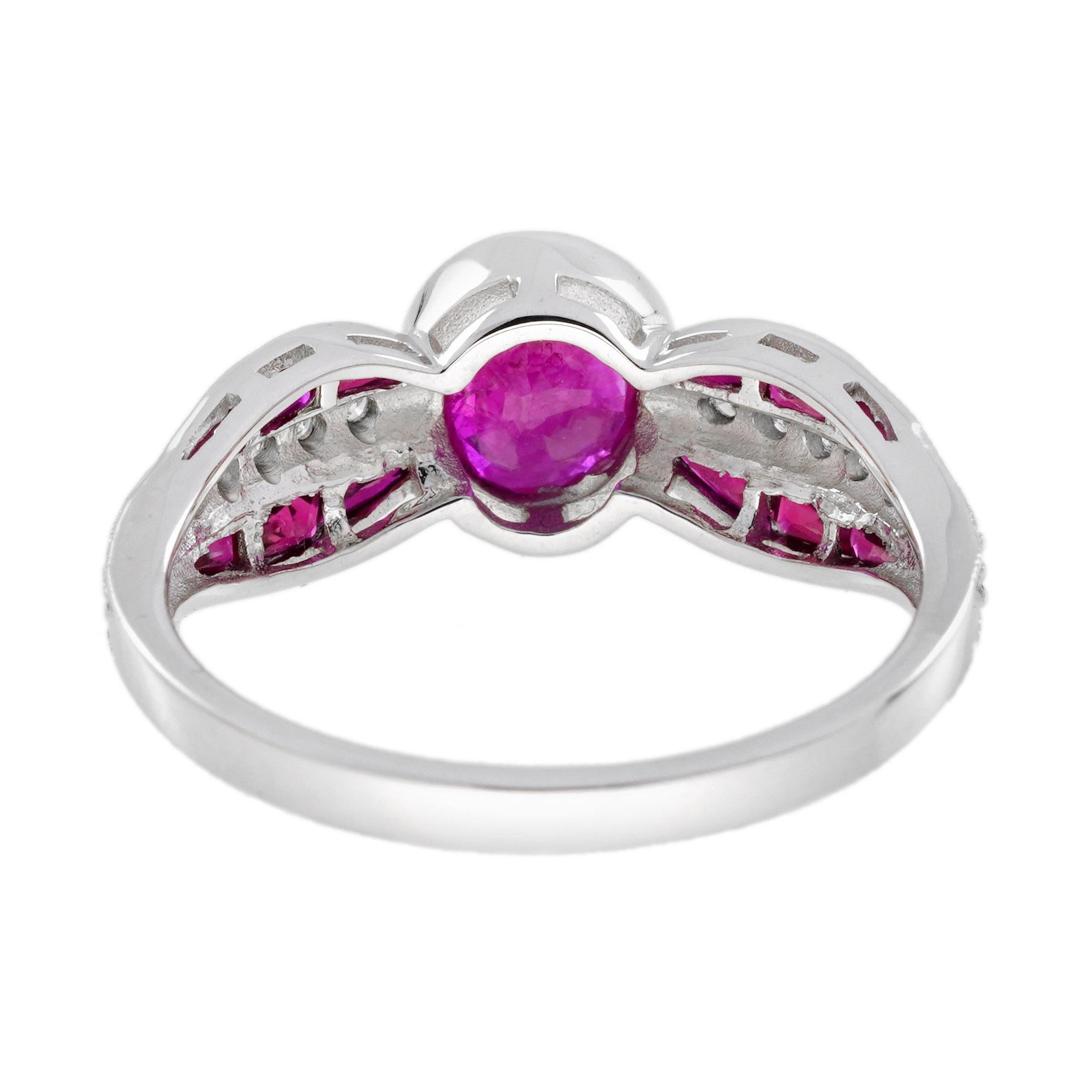 Women's Ruby and Diamond Art Deco Style Engagement Ring in 14K White Gold For Sale