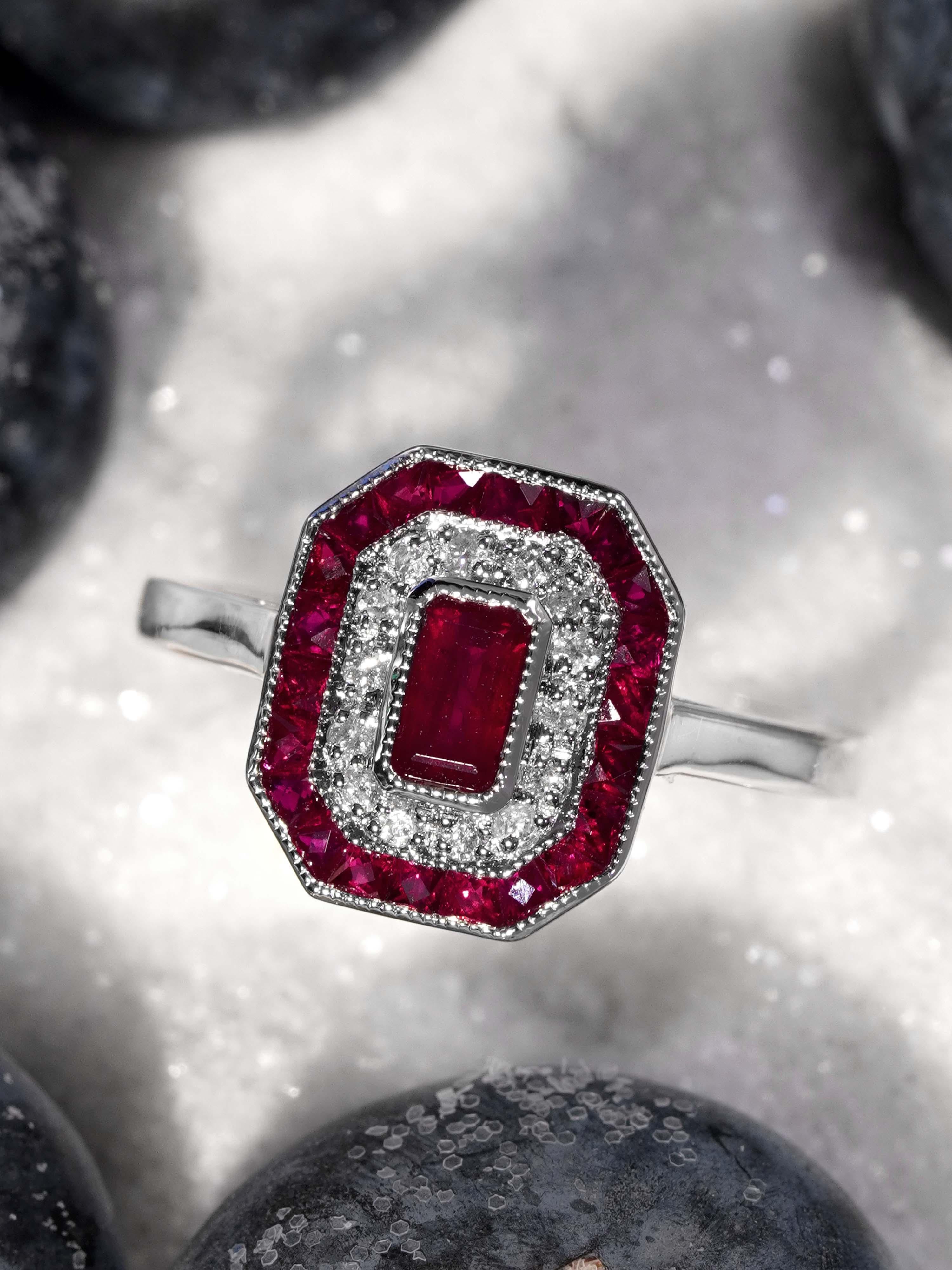 Women's Ruby and Diamond Art Deco Style Engagement Ring in 14K White Gold For Sale