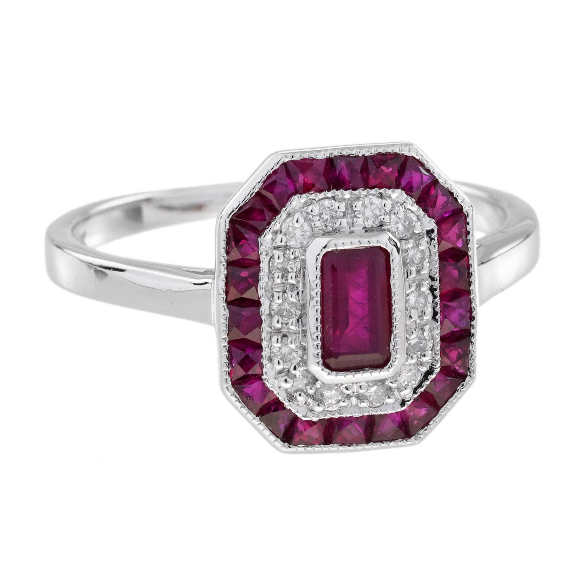 Ruby and Diamond Art Deco Style Engagement Ring in 14K White Gold For Sale 1
