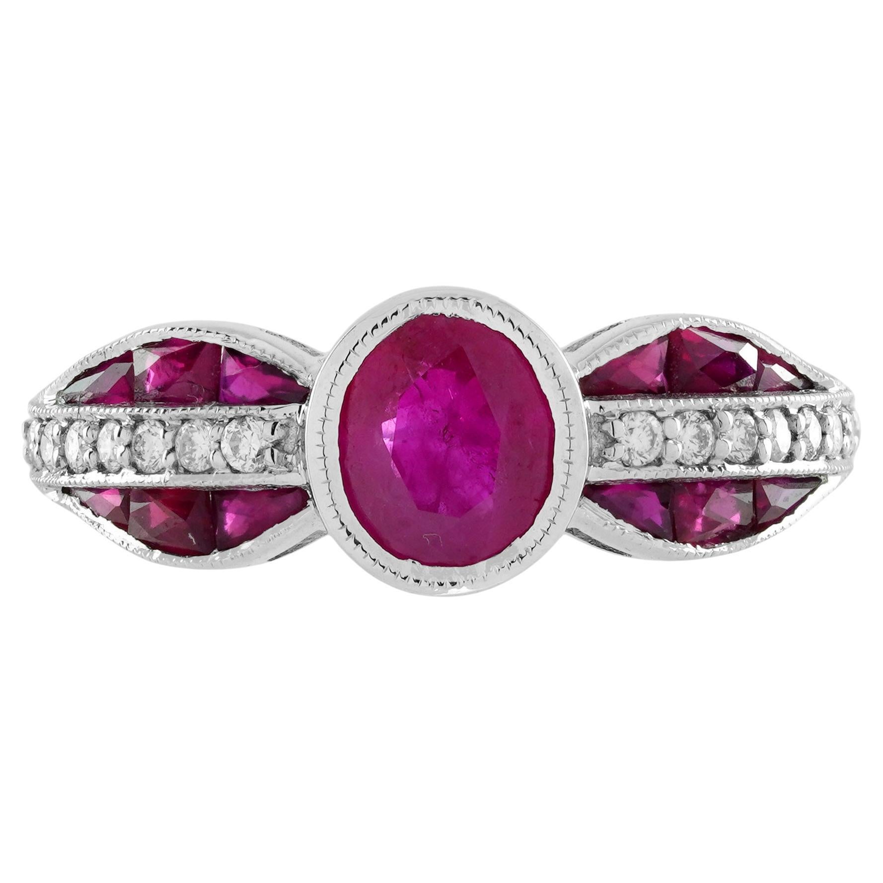 Verlobungsring aus 14 Karat Weißgold mit Rubin und Diamant im Art-déco-Stil